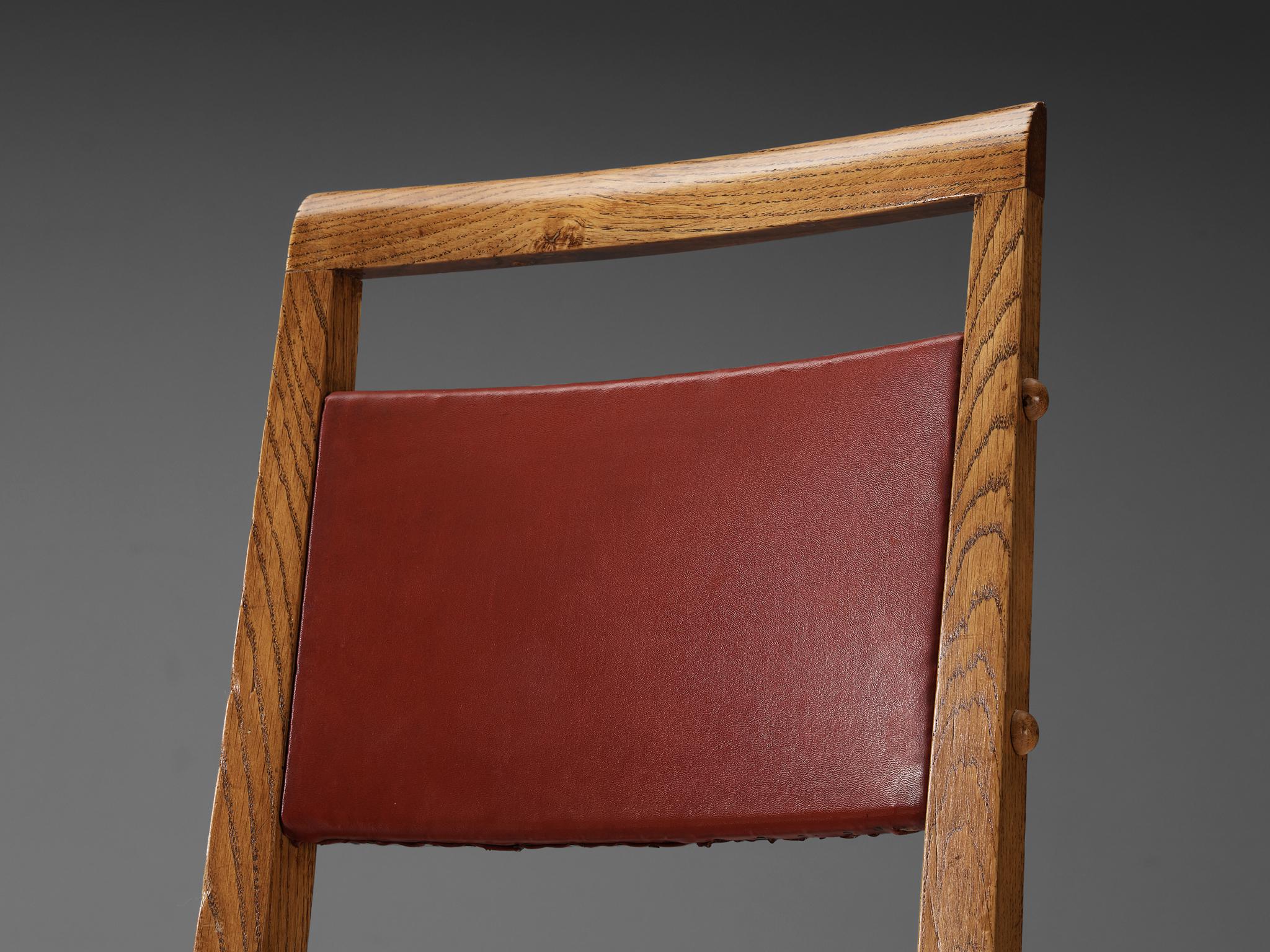 Mid-20th Century French Art Deco Set of Six Dining Chairs in Oak and Red Upholstery  For Sale