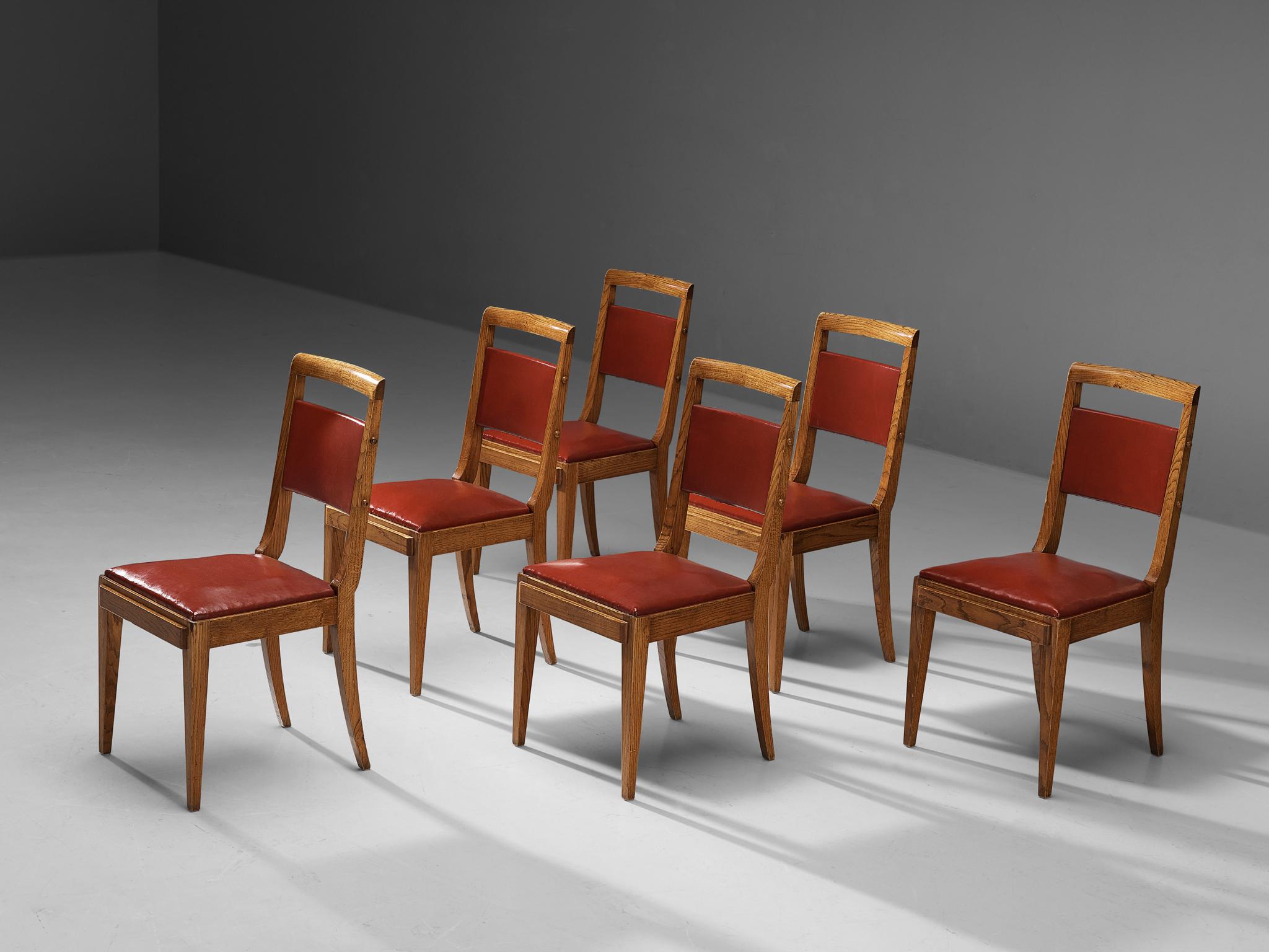Faux Leather French Art Deco Set of Six Dining Chairs in Oak and Red Upholstery  For Sale