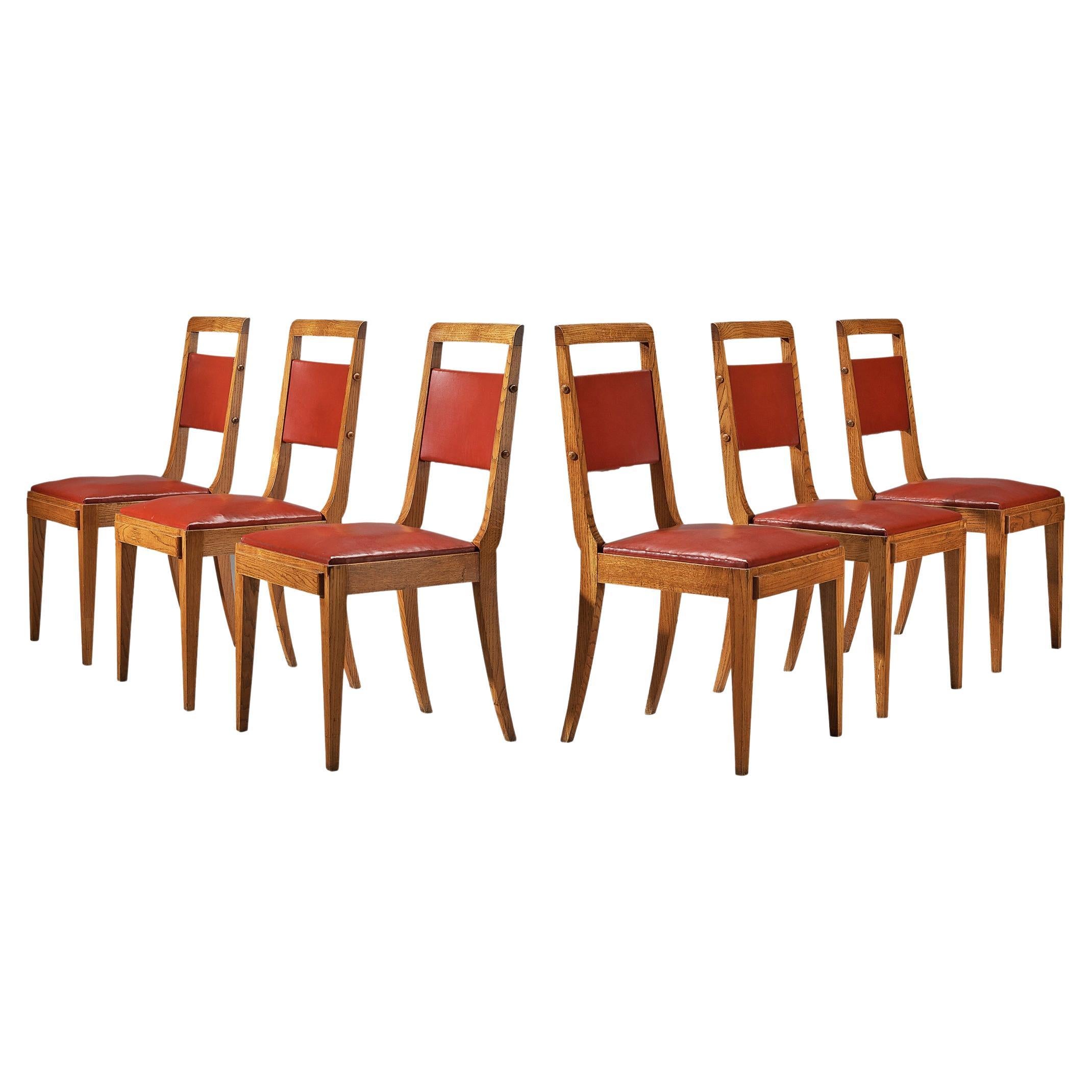 French Art Deco Set of Six Dining Chairs in Oak and Red Upholstery 