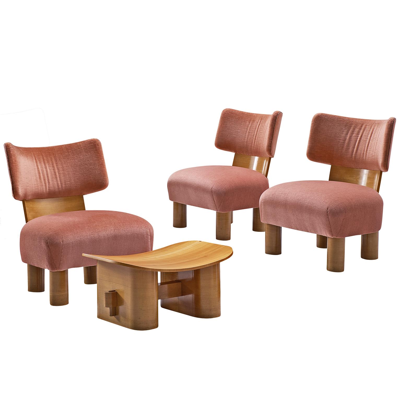 French Art Deco Set of Three Chairs with Ottoman