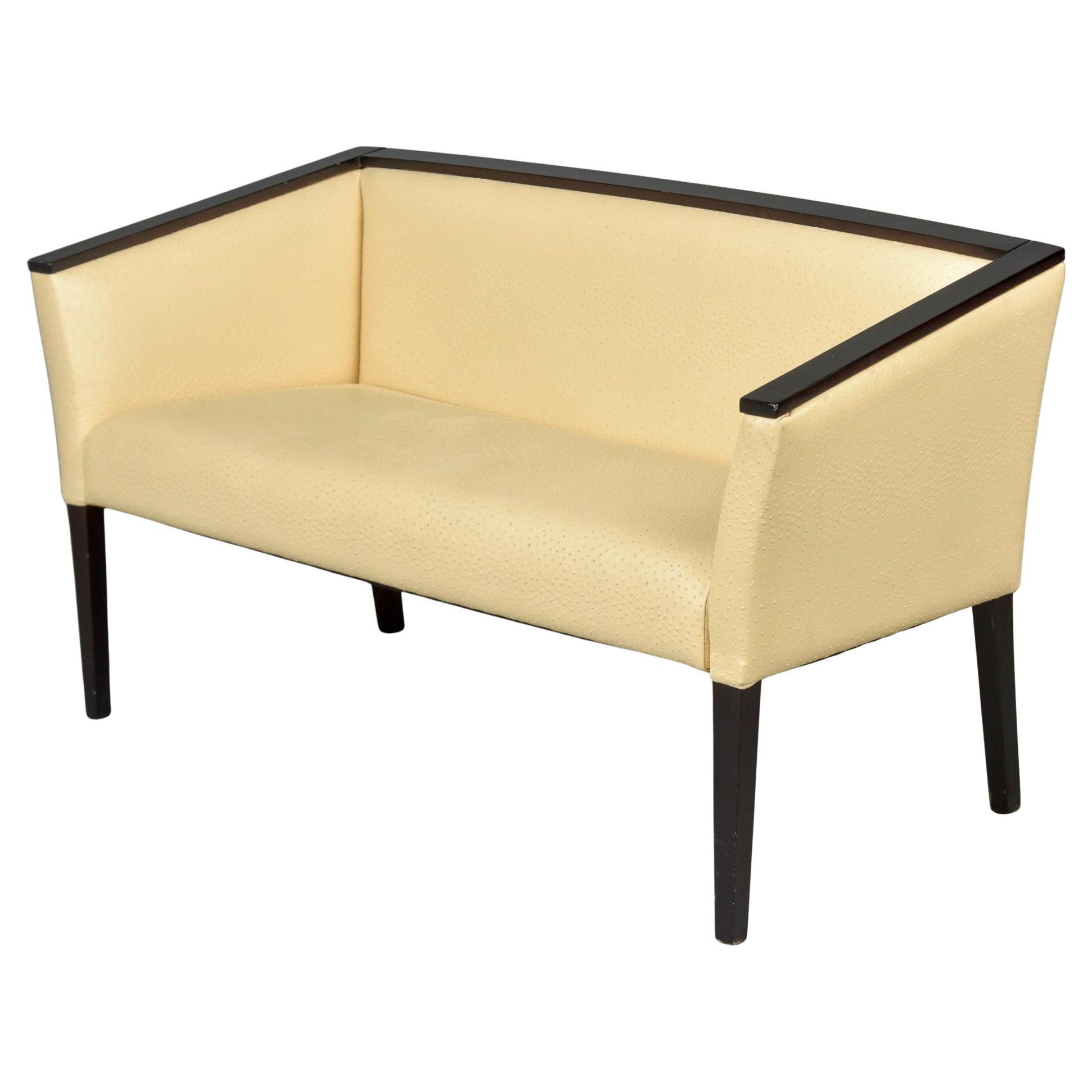 French Art Deco Settee with Leather Upholstery and Black Frame For Sale