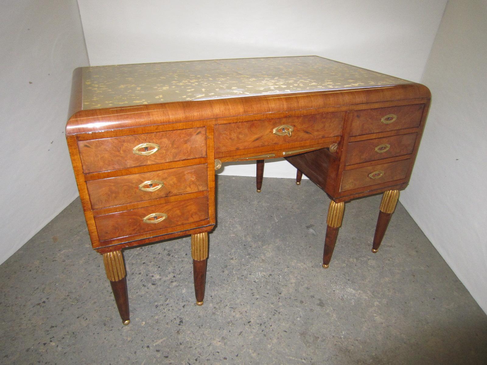 French Art Deco Seven Drawer Writing Desk with Gold Leaf Top and Bronze Mounts 8