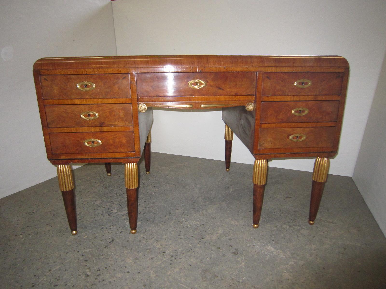 French Art Deco Seven Drawer Writing Desk with Gold Leaf Top and Bronze Mounts 10