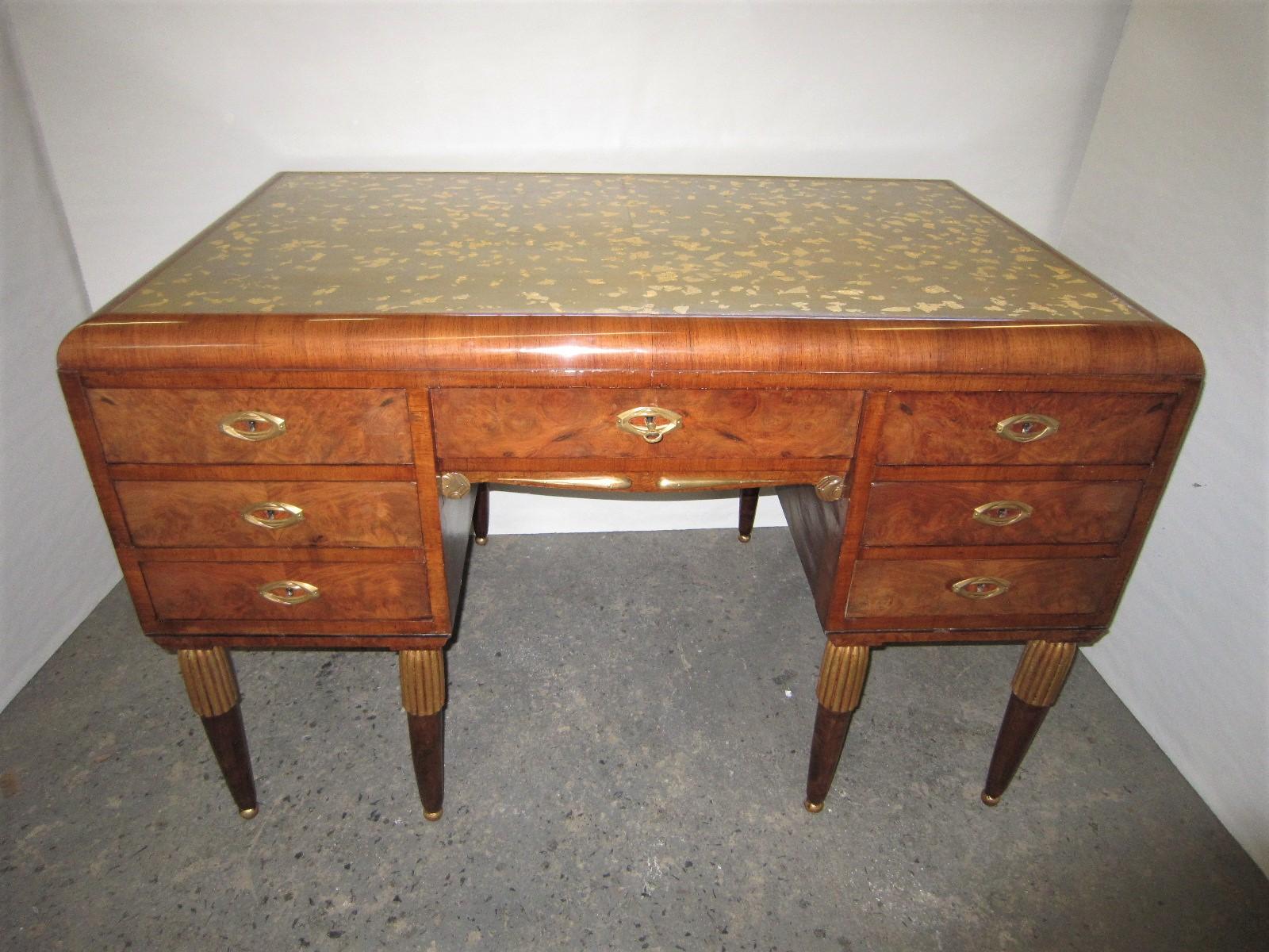 French Art Deco Seven Drawer Writing Desk with Gold Leaf Top and Bronze Mounts In Good Condition In New York City, NY