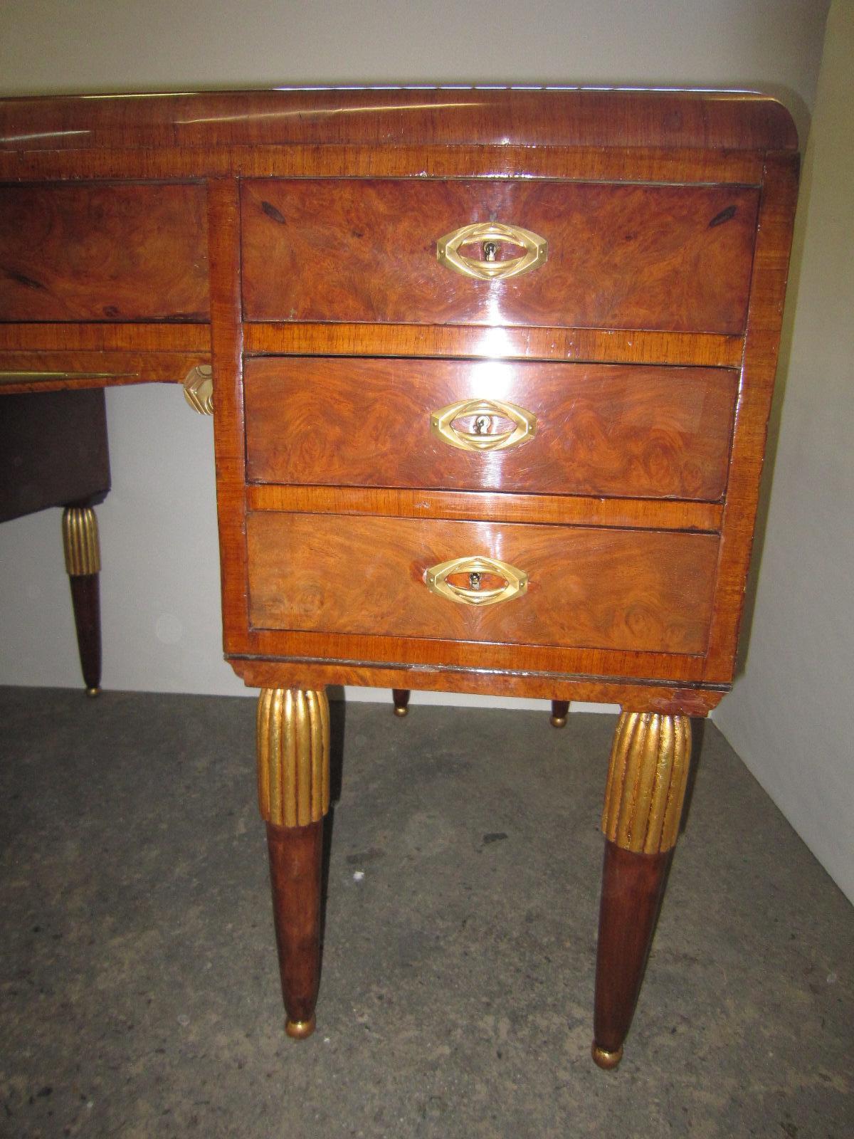 Palisander French Art Deco Seven Drawer Writing Desk with Gold Leaf Top and Bronze Mounts