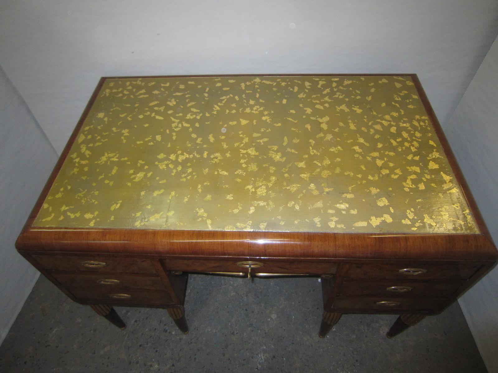 French Art Deco Seven Drawer Writing Desk with Gold Leaf Top and Bronze Mounts 1