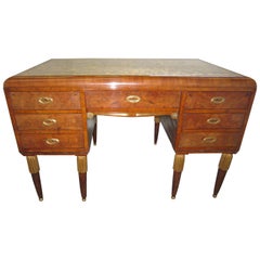 French Art Deco Seven Drawer Writing Desk with Gold Leaf Top and Bronze Mounts