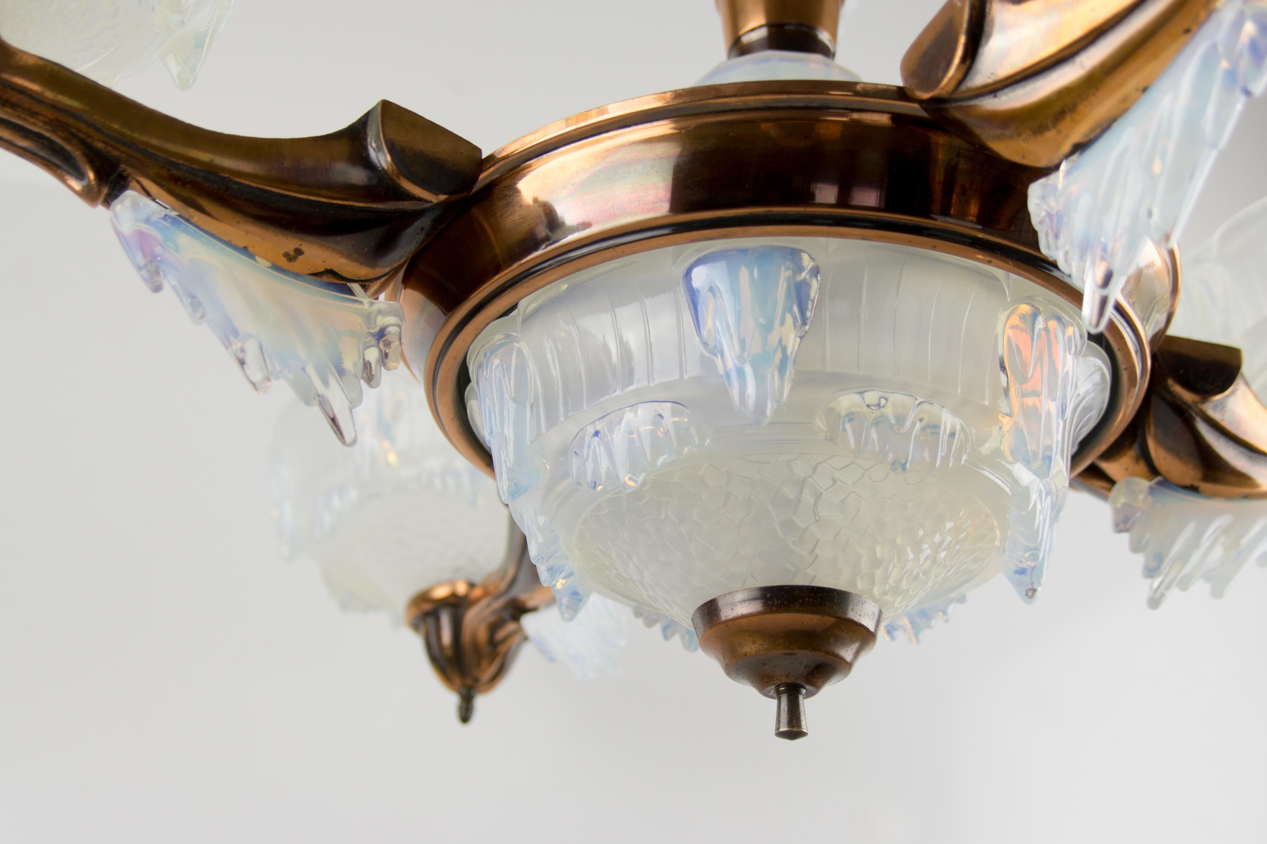 French Art Deco Seven-Light Copper and Opalescent Glass Chandelier by Ezan, 1930 8