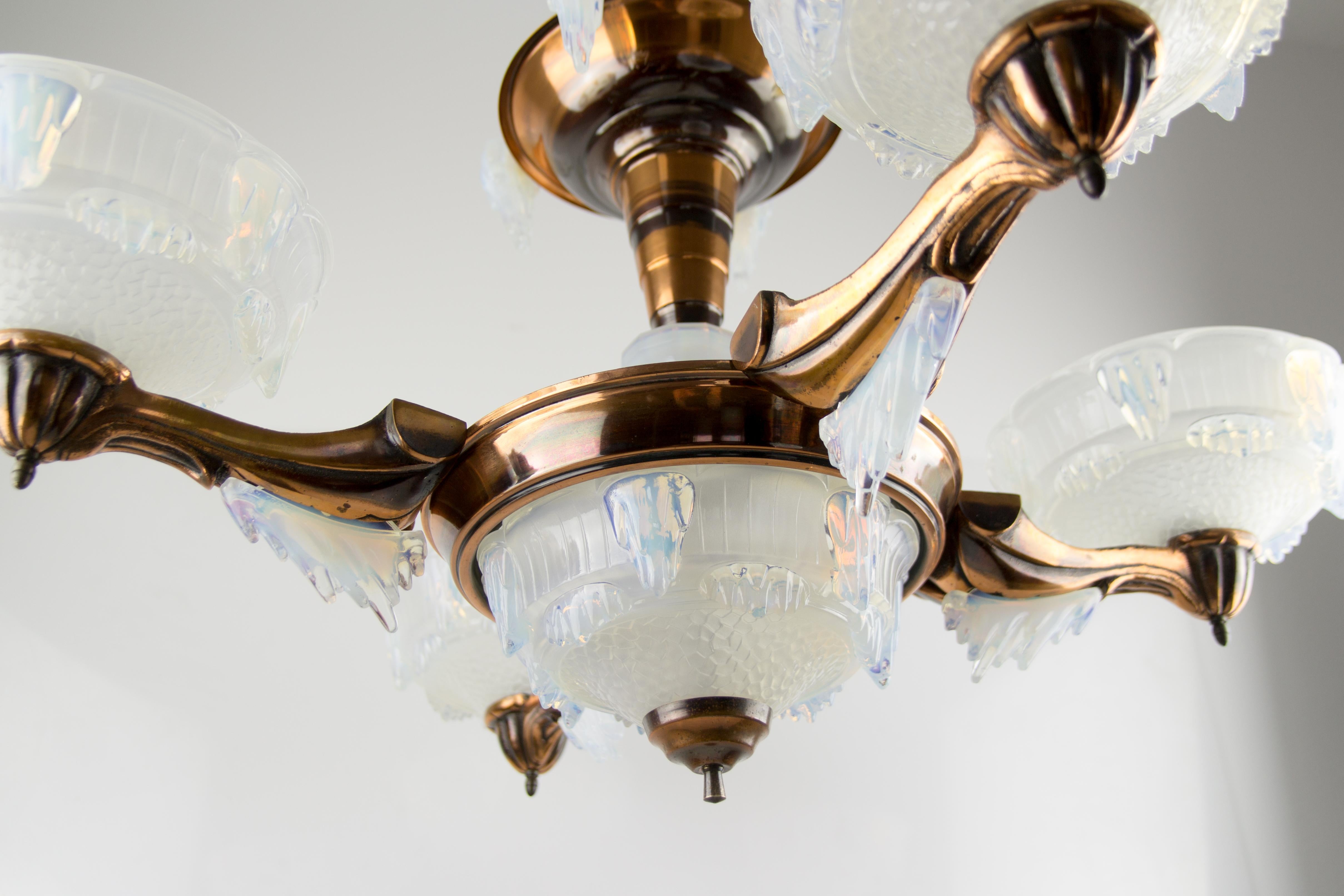French Art Deco Seven-Light Copper and Opalescent Glass Chandelier by Ezan, 1930 9