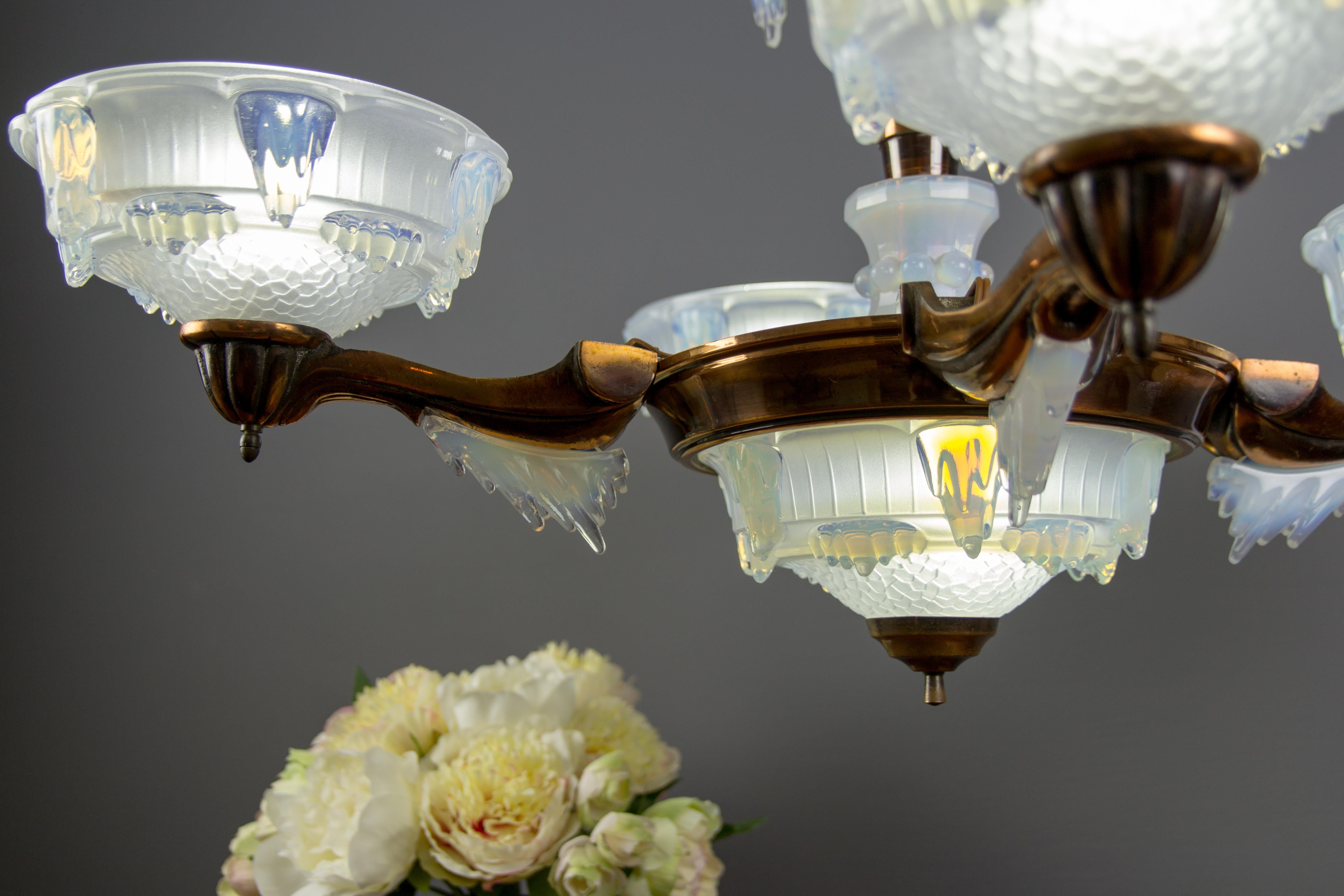 French Art Deco Seven-Light Copper and Opalescent Glass Chandelier by Ezan, 1930 10