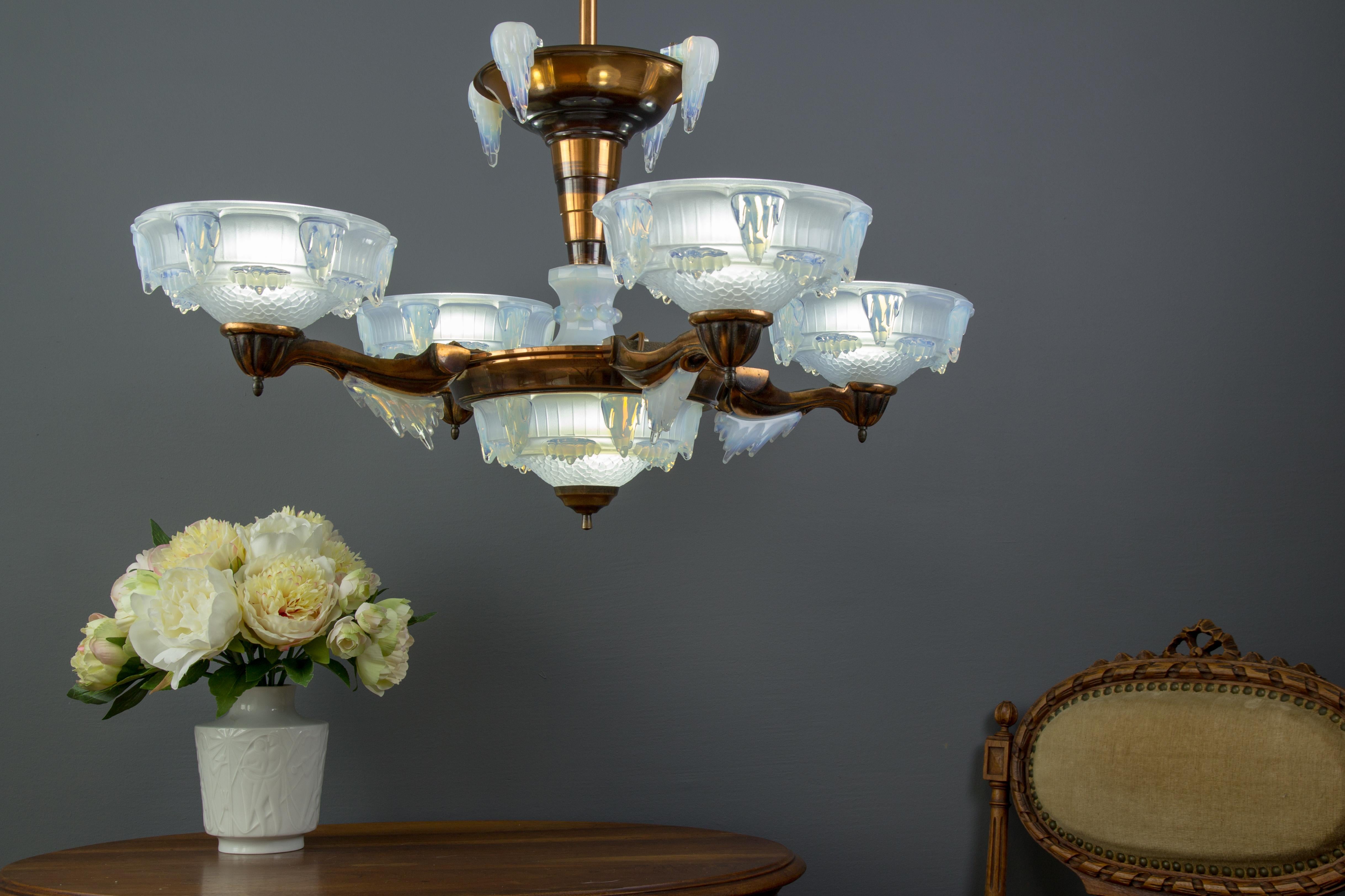 French Art Deco Seven-Light Copper and Opalescent Glass Chandelier by Ezan, 1930 11
