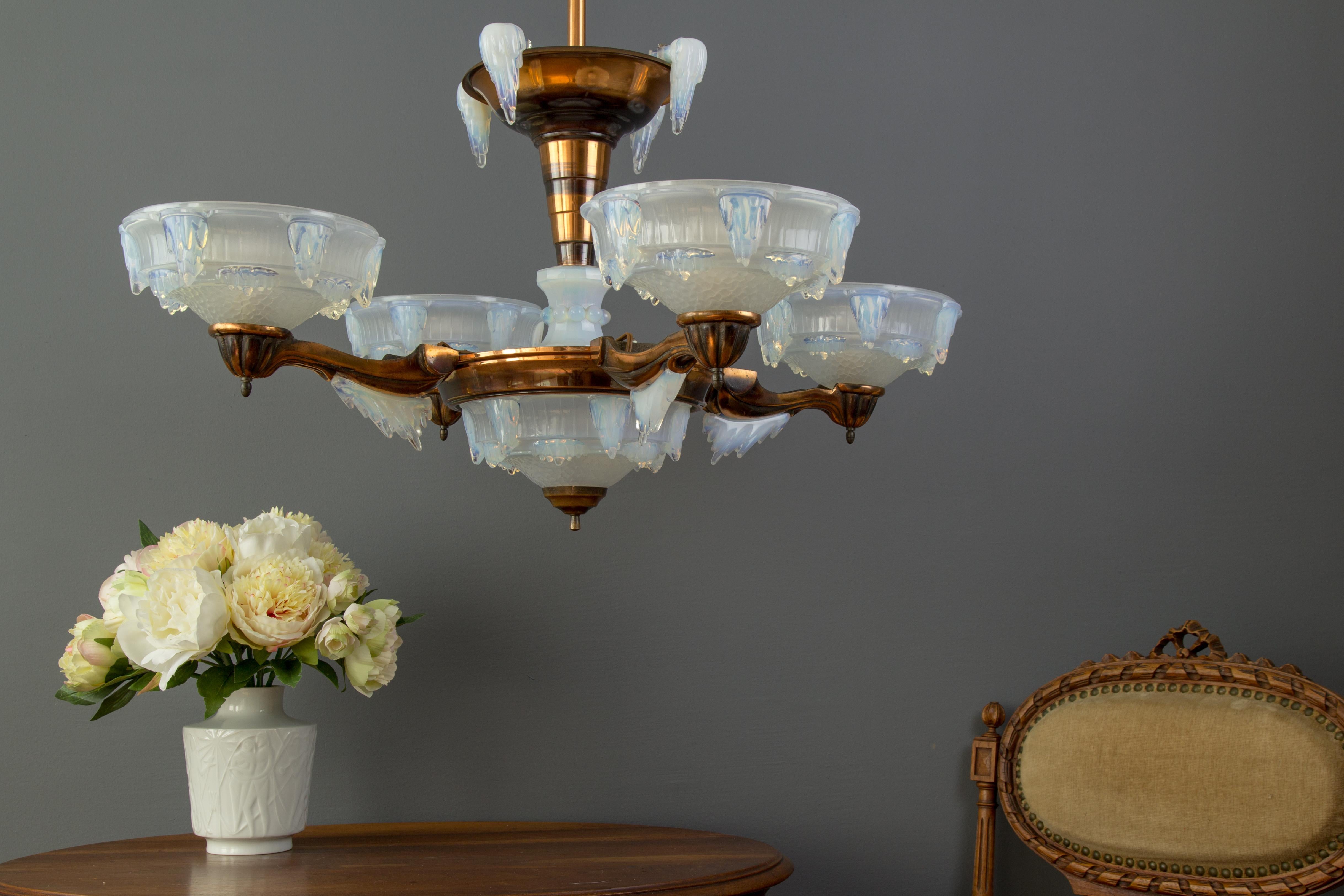 French Art Deco Seven-Light Copper and Opalescent Glass Chandelier by Ezan, 1930 12