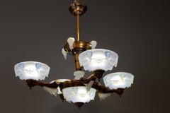 French Art Deco Seven-Light Copper and Opalescent Glass Chandelier by Ezan, 1930