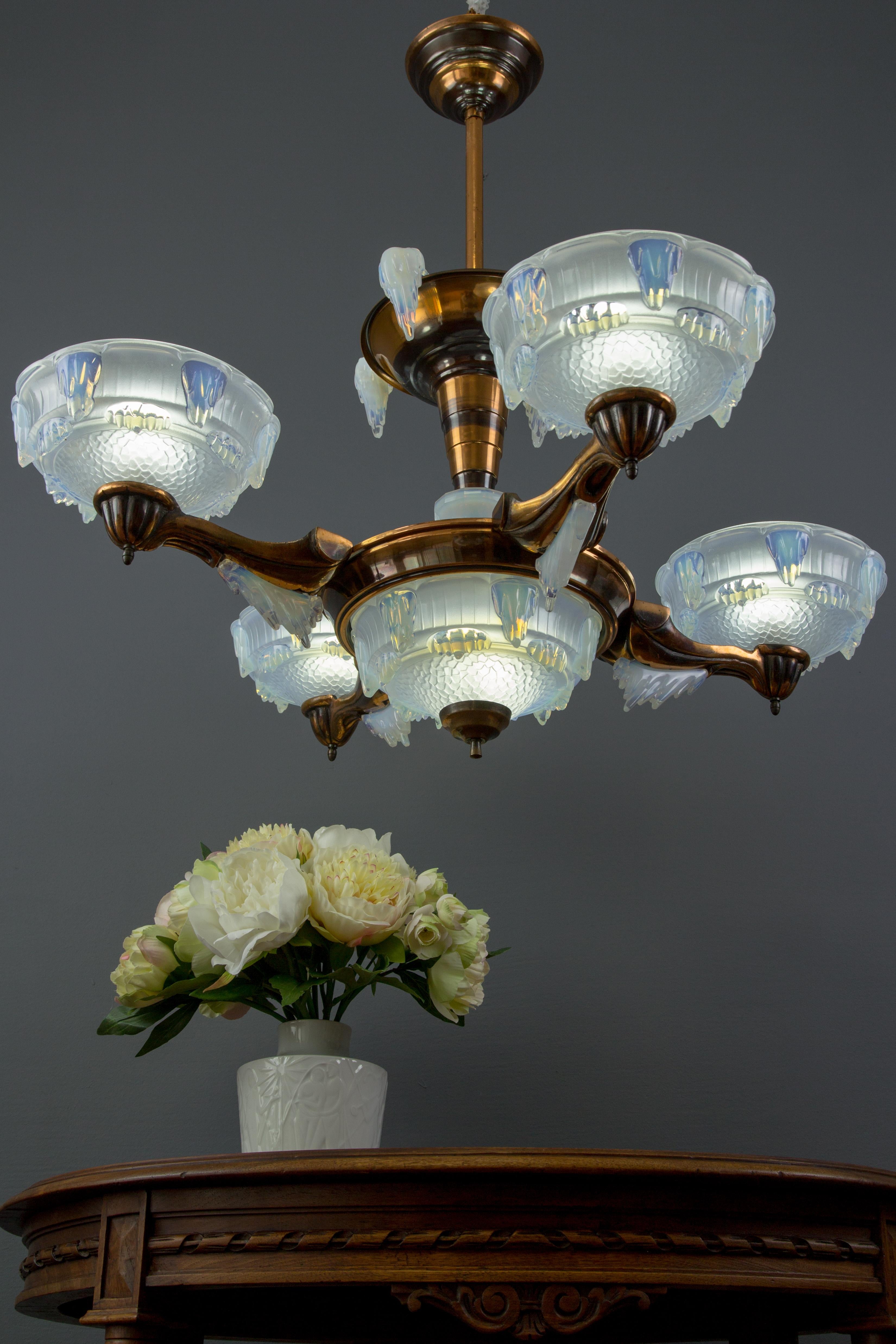 French Art Deco Seven-Light Copper and Opalescent Glass Chandelier by Ezan, 1930 13