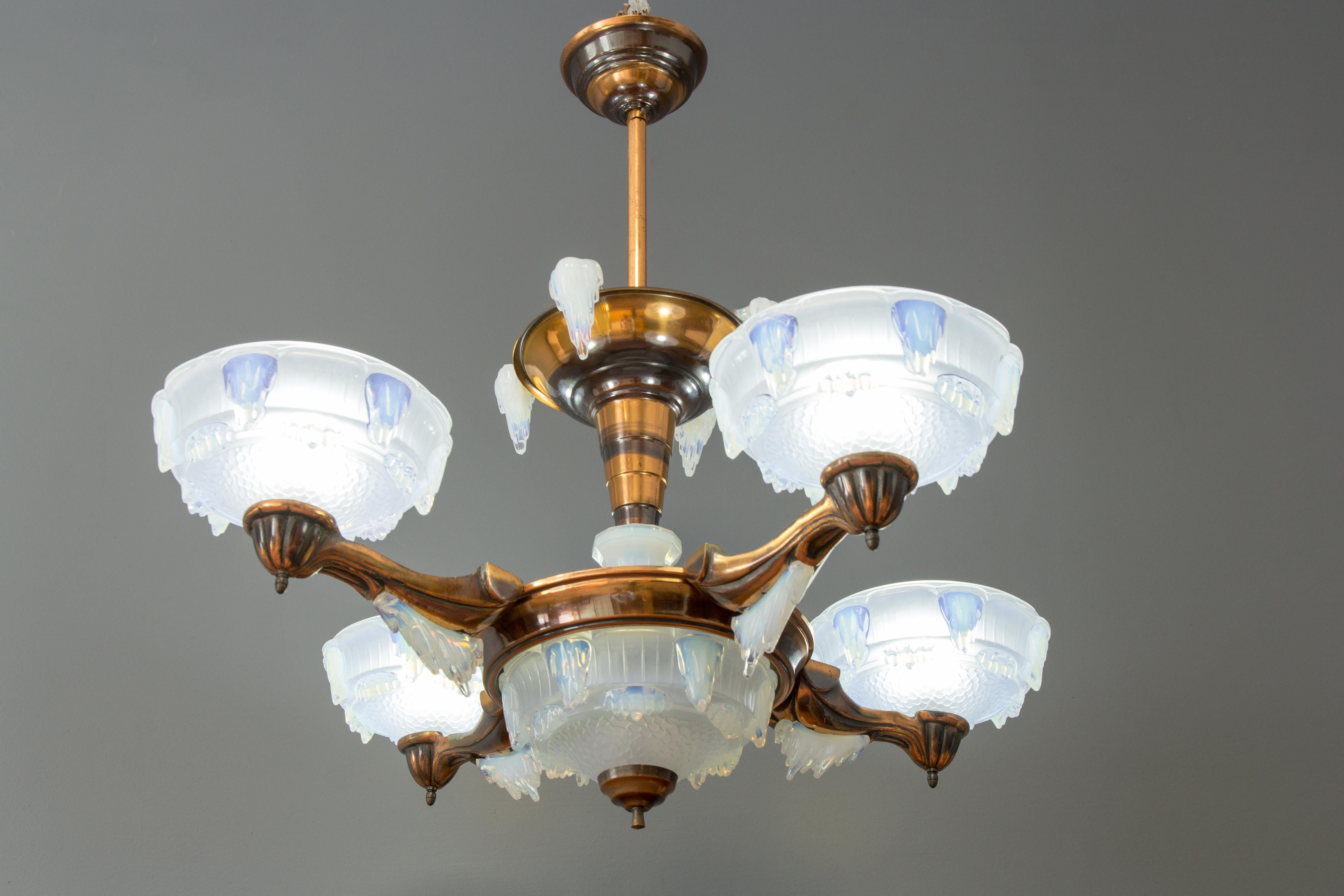 Mid-20th Century French Art Deco Seven-Light Copper and Opalescent Glass Chandelier by Ezan, 1930