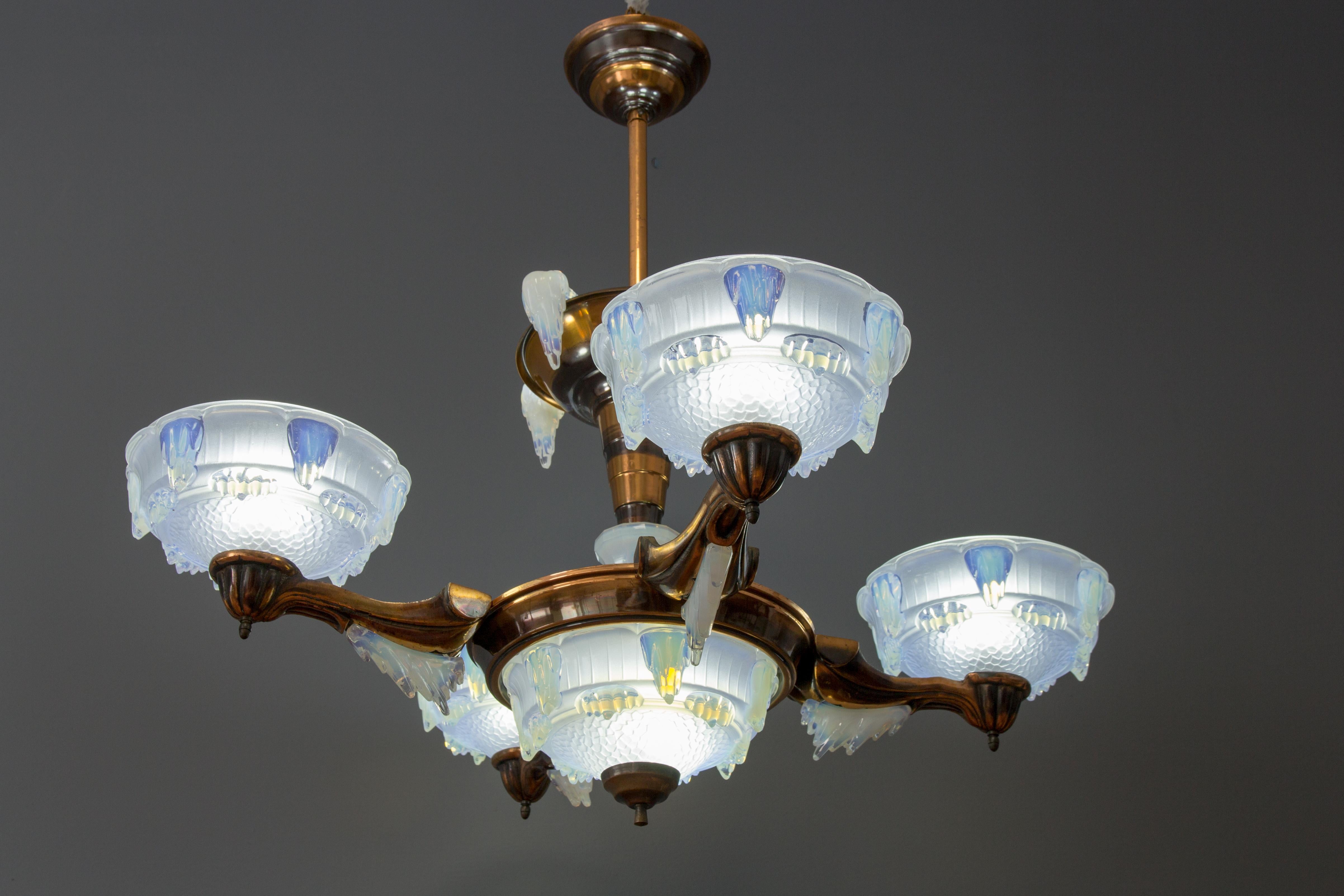 French Art Deco Seven-Light Copper and Opalescent Glass Chandelier by Ezan, 1930 1