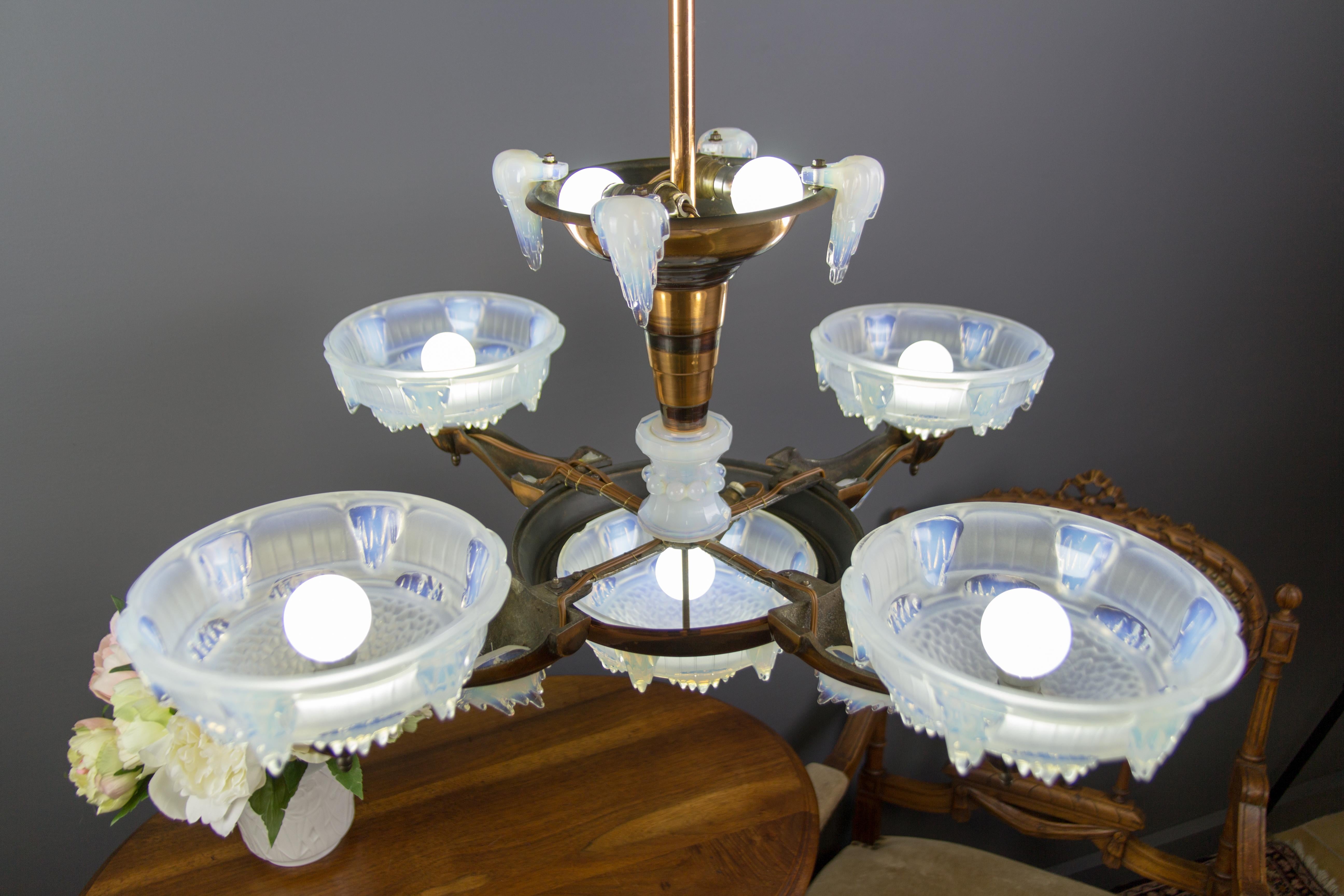 French Art Deco Seven-Light Copper and Opalescent Glass Chandelier by Ezan, 1930 2
