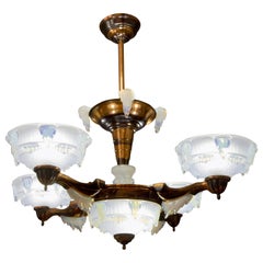 French Art Deco Seven-Light Copper and Opalescent Glass Chandelier by Ezan, 1930