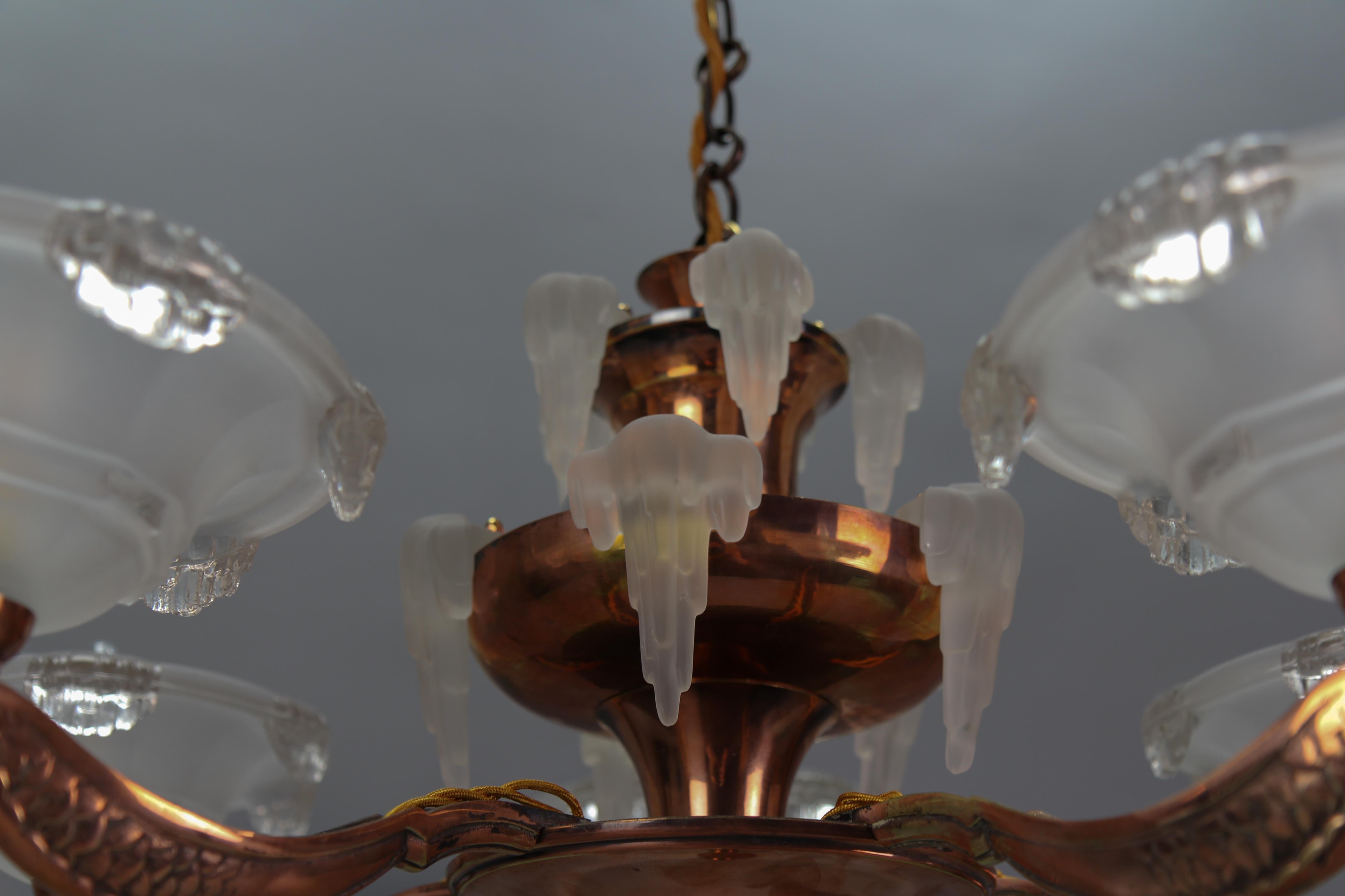 French Art Deco 7-Light Frosted Glass, Brass and Copper Chandelier, 1930s For Sale 4