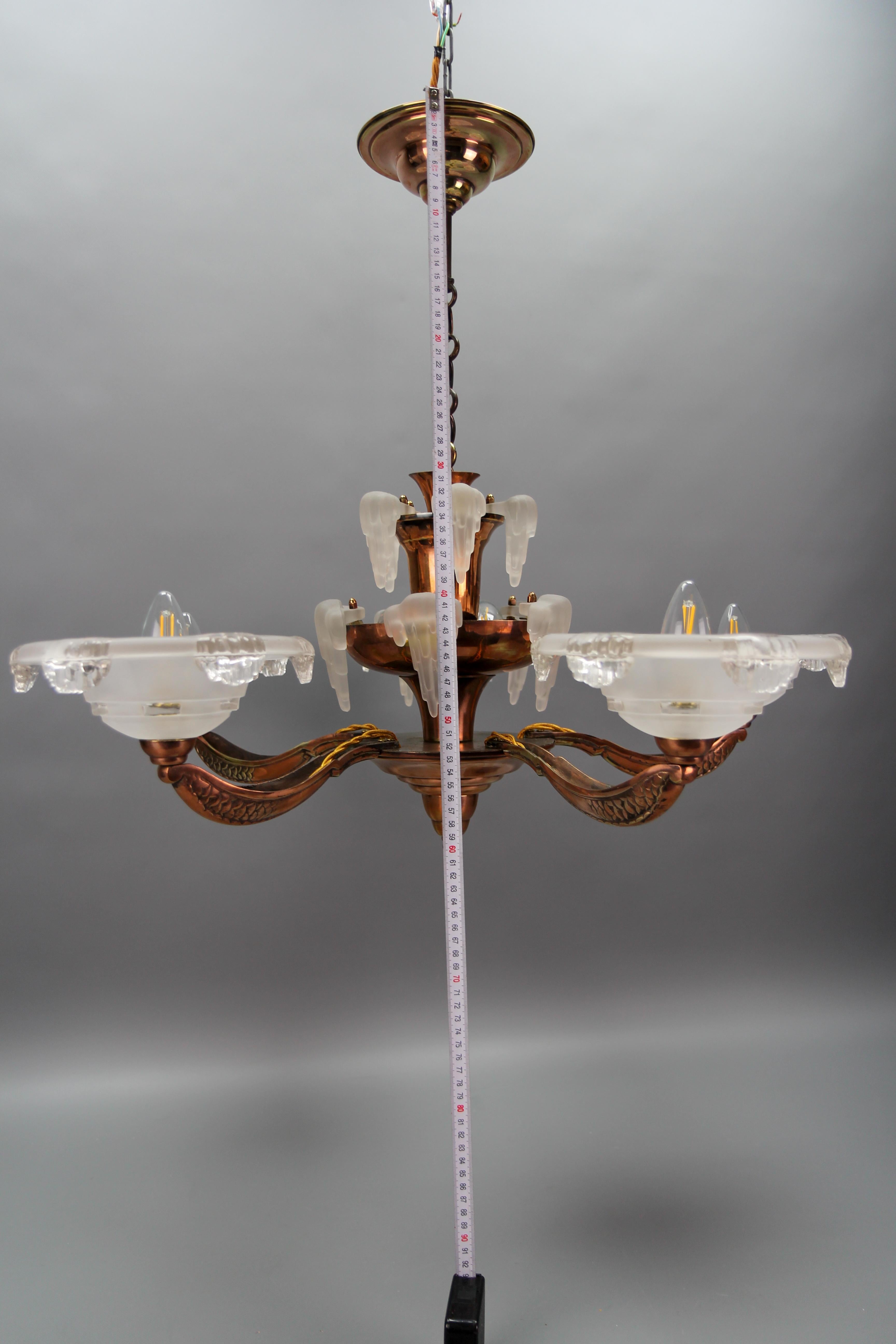 French Art Deco 7-Light Frosted Glass, Brass and Copper Chandelier, 1930s For Sale 9