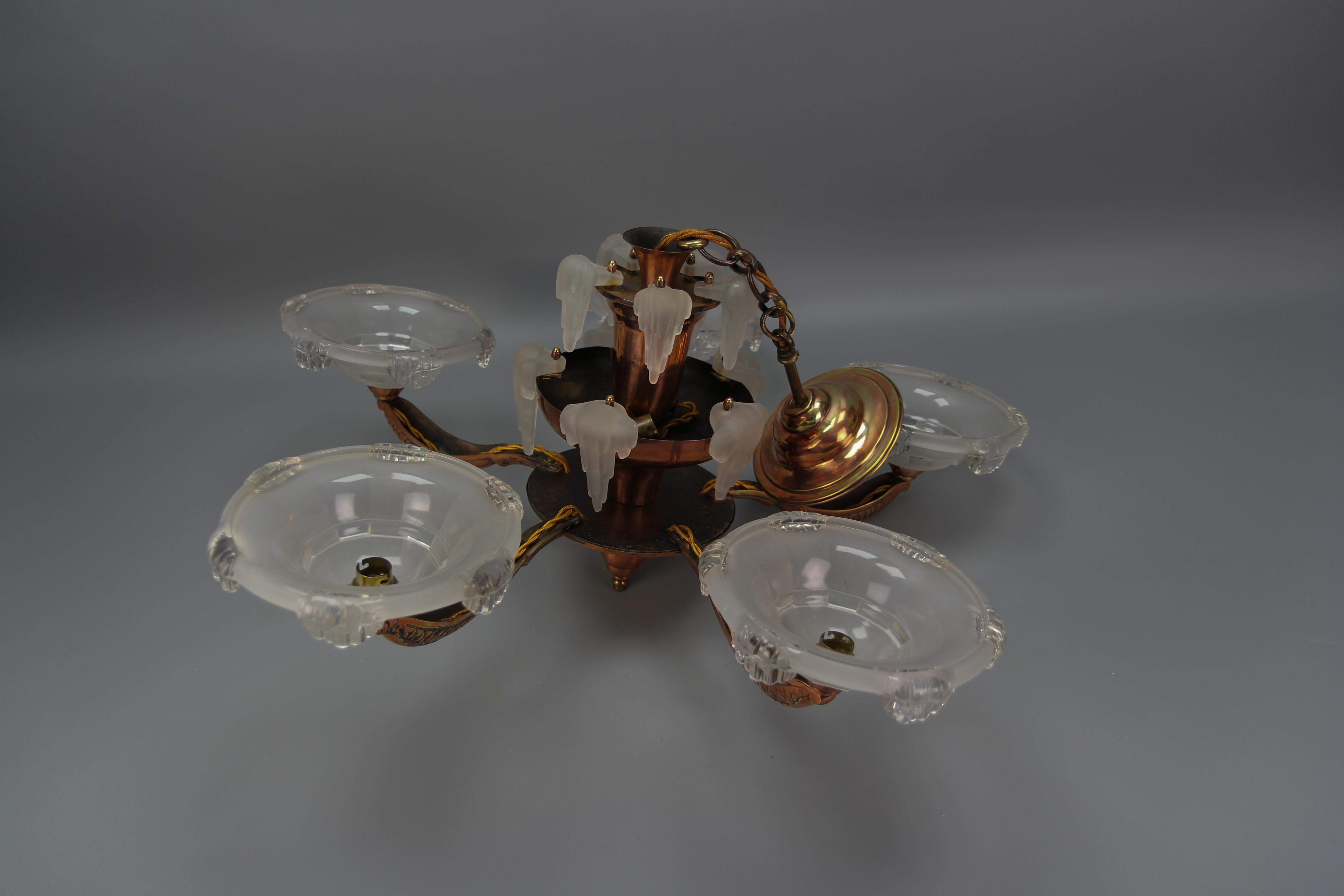 French Art Deco 7-Light Frosted Glass, Brass and Copper Chandelier, 1930s For Sale 10