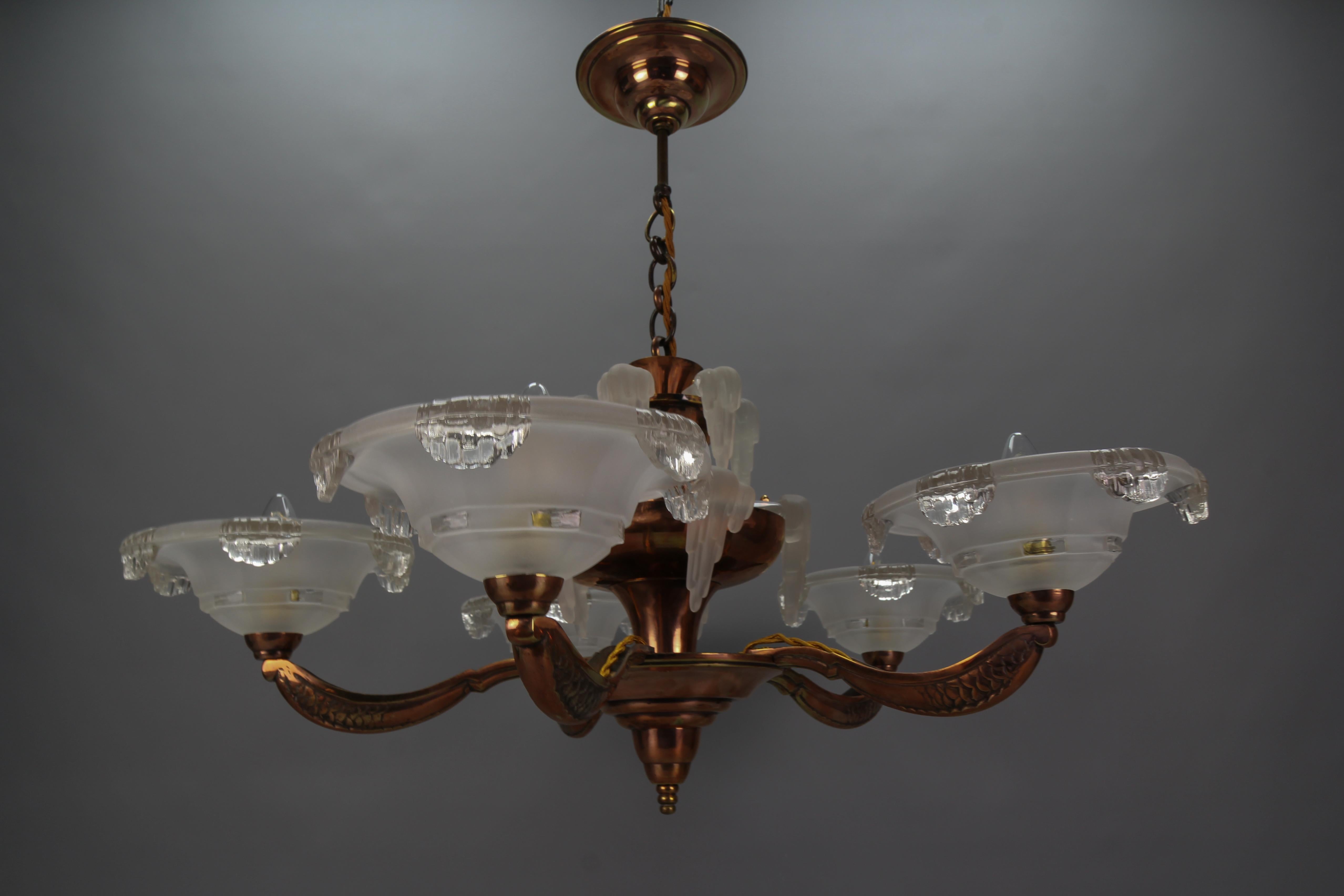 French Art Deco 7-Light Frosted Glass, Brass and Copper Chandelier, 1930s For Sale 13