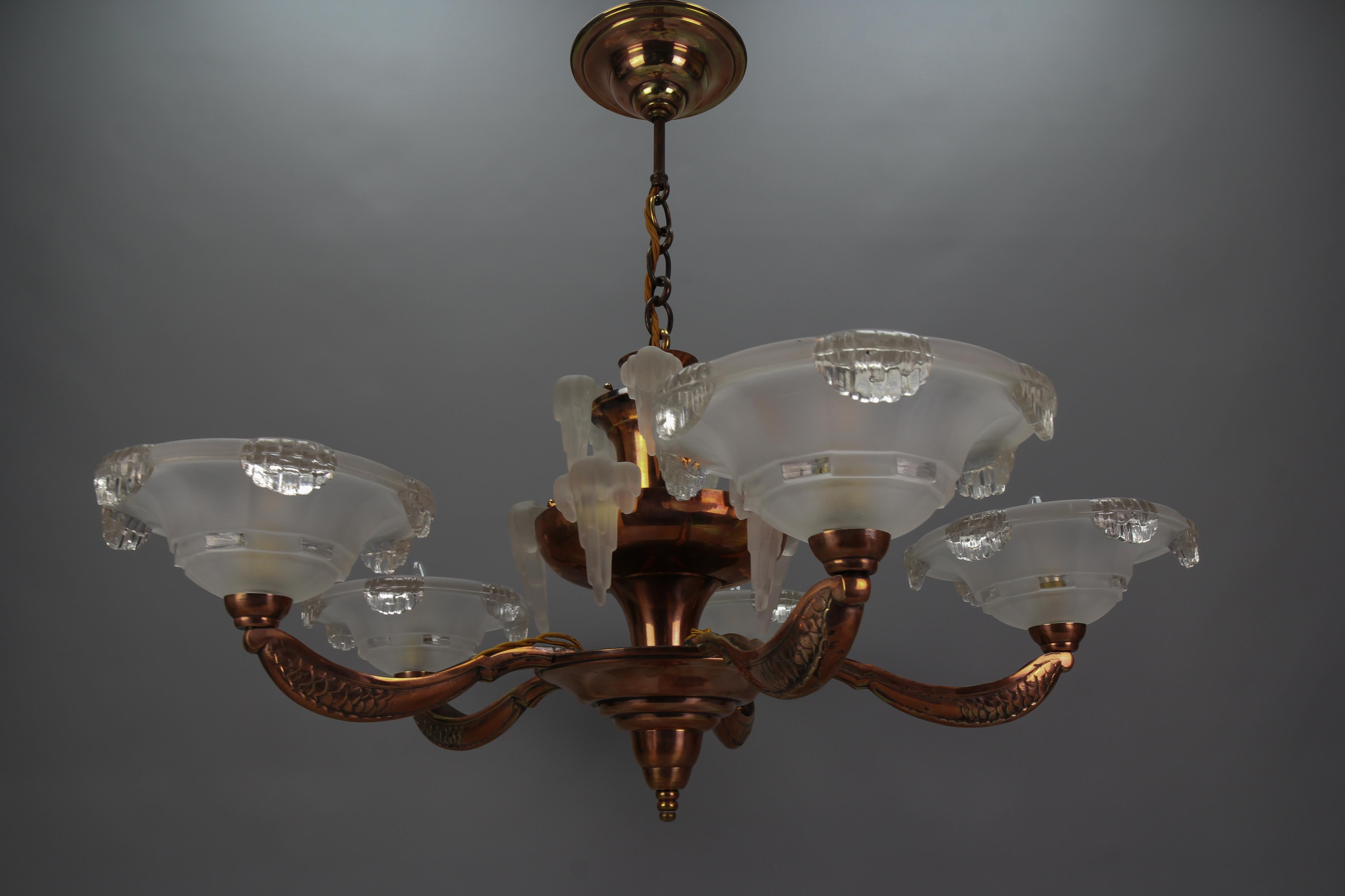 French Art Deco 7-Light Frosted Glass, Brass and Copper Chandelier, 1930s For Sale 2