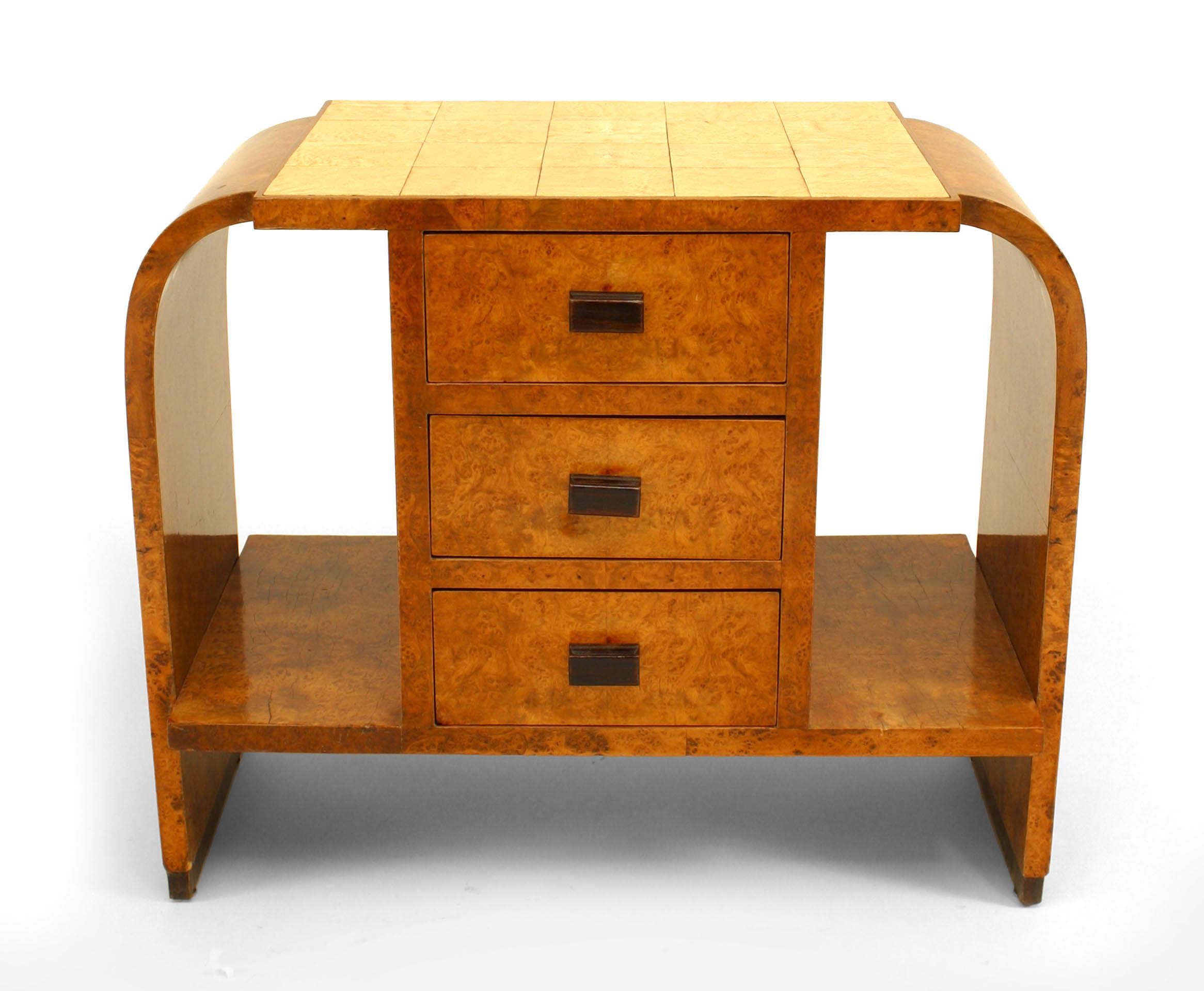French Art Deco burl maple end table with 3 drawers with walnut handles centering 2 open shelves with a shagreen top.
