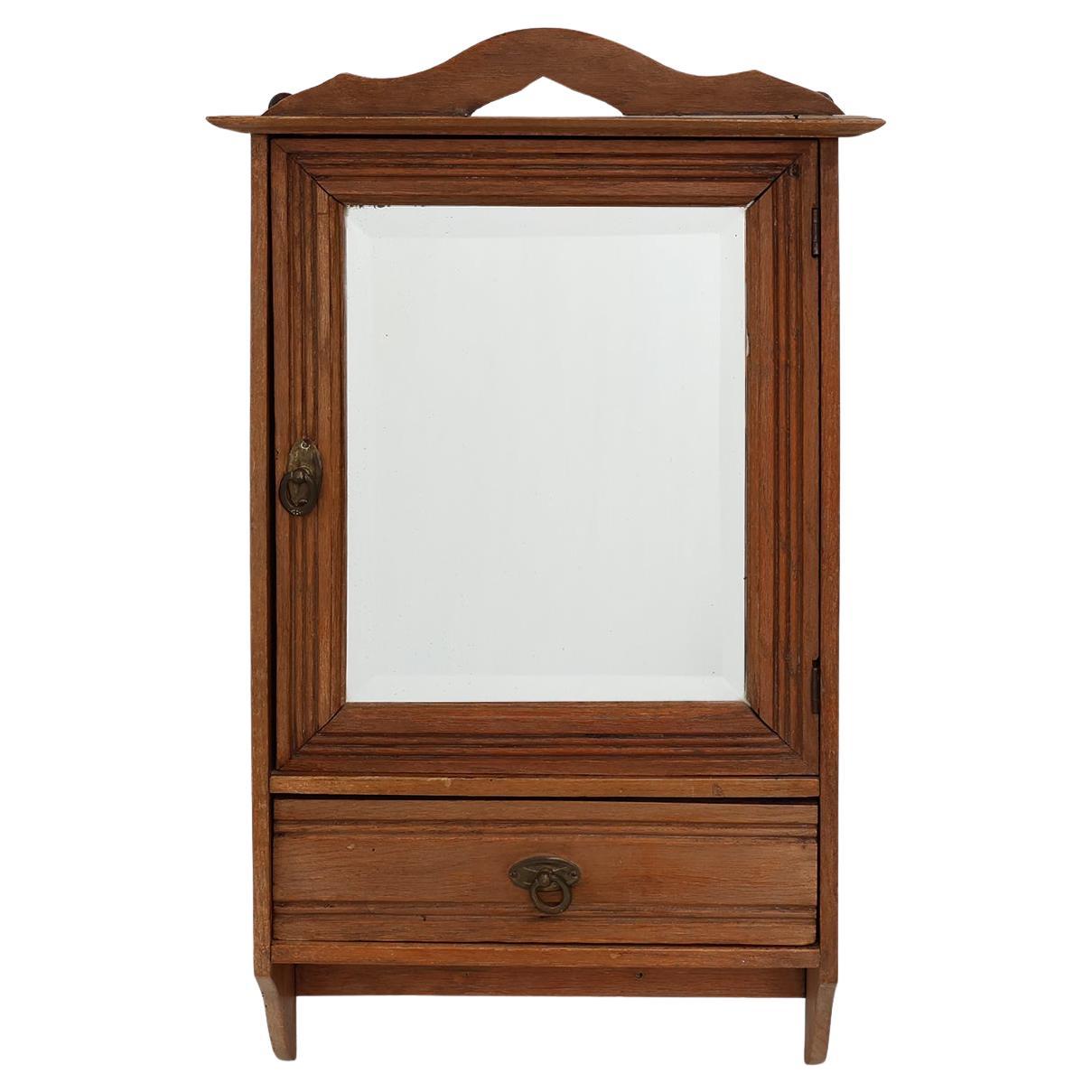 French Art Deco Shaving Cabinet in carved wood with Beveled Mirror