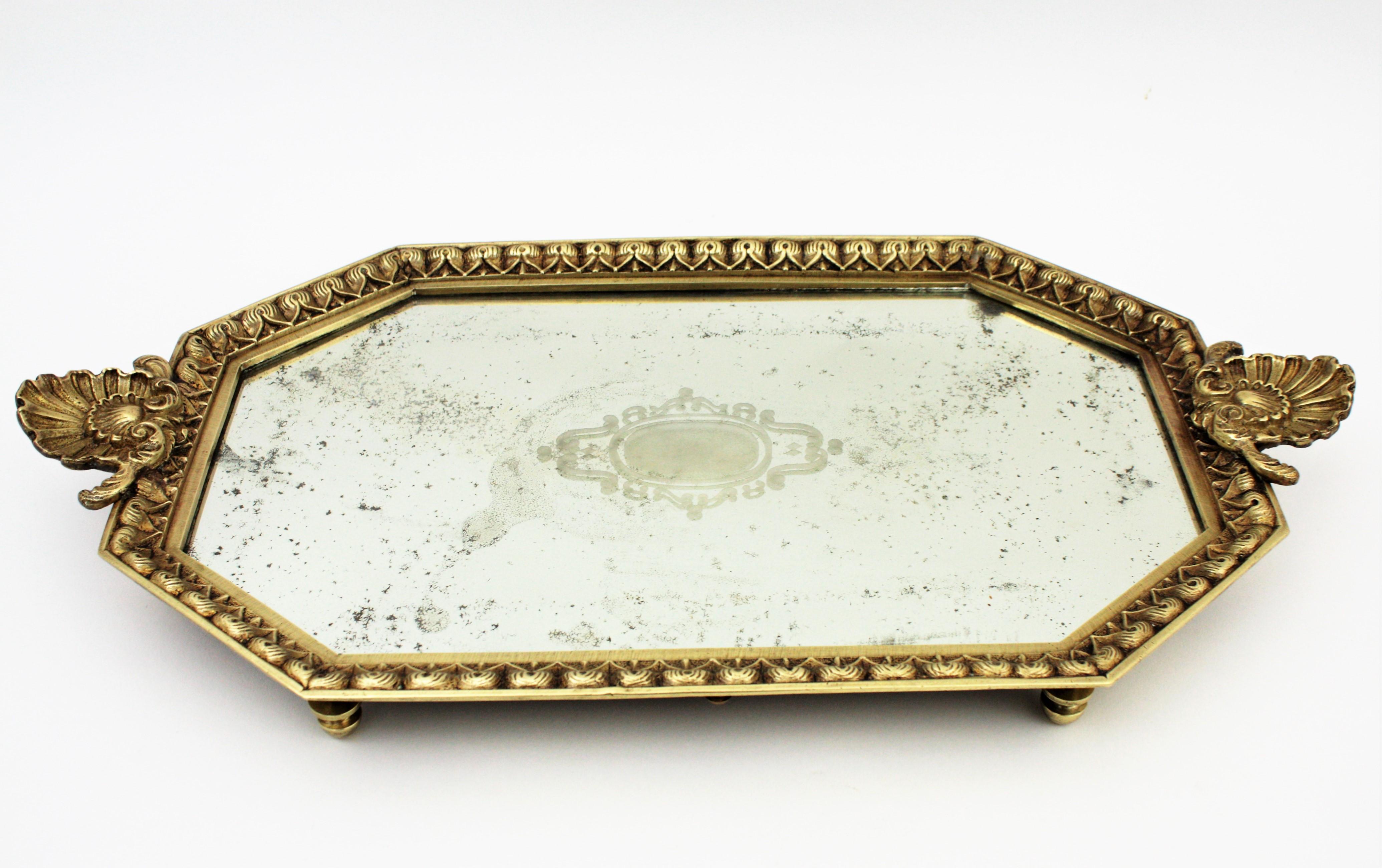 French Art Deco Tray with Shell Motif, Bronze and Etched Mirror  4