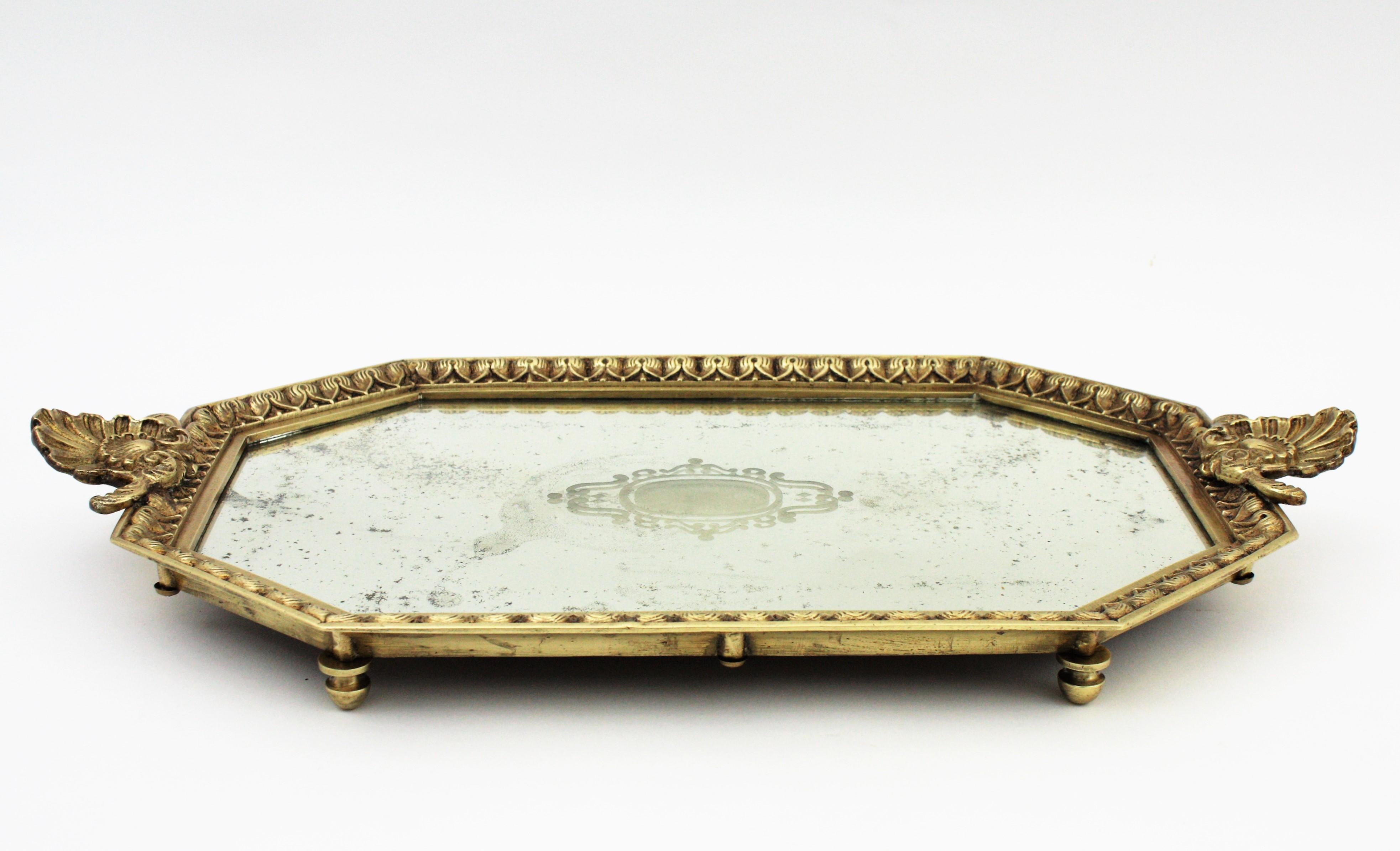 20th Century French Art Deco Tray with Shell Motif, Bronze and Etched Mirror 