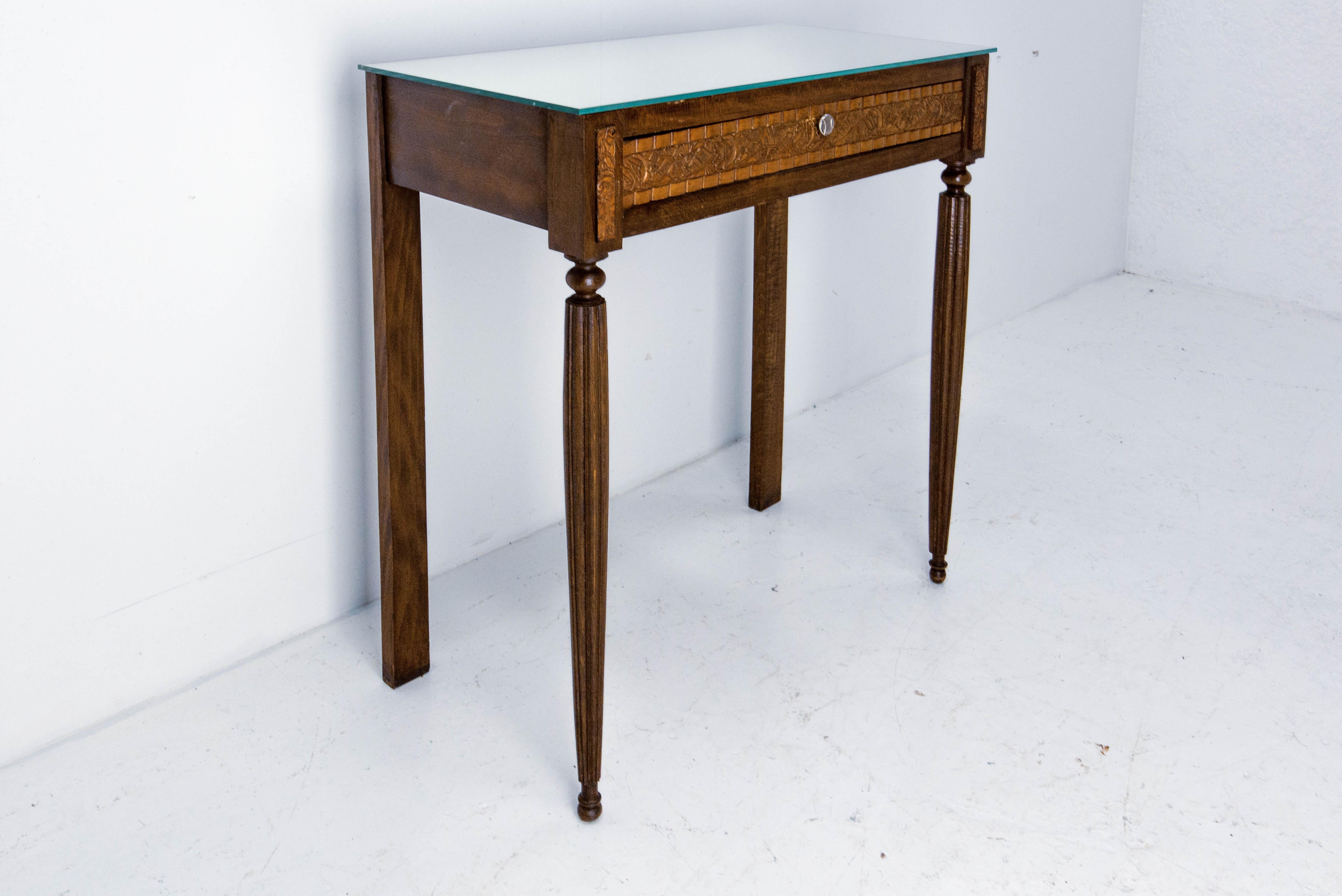 French Art Deco Side Table Beech and Mirror Top, circa 1930 1