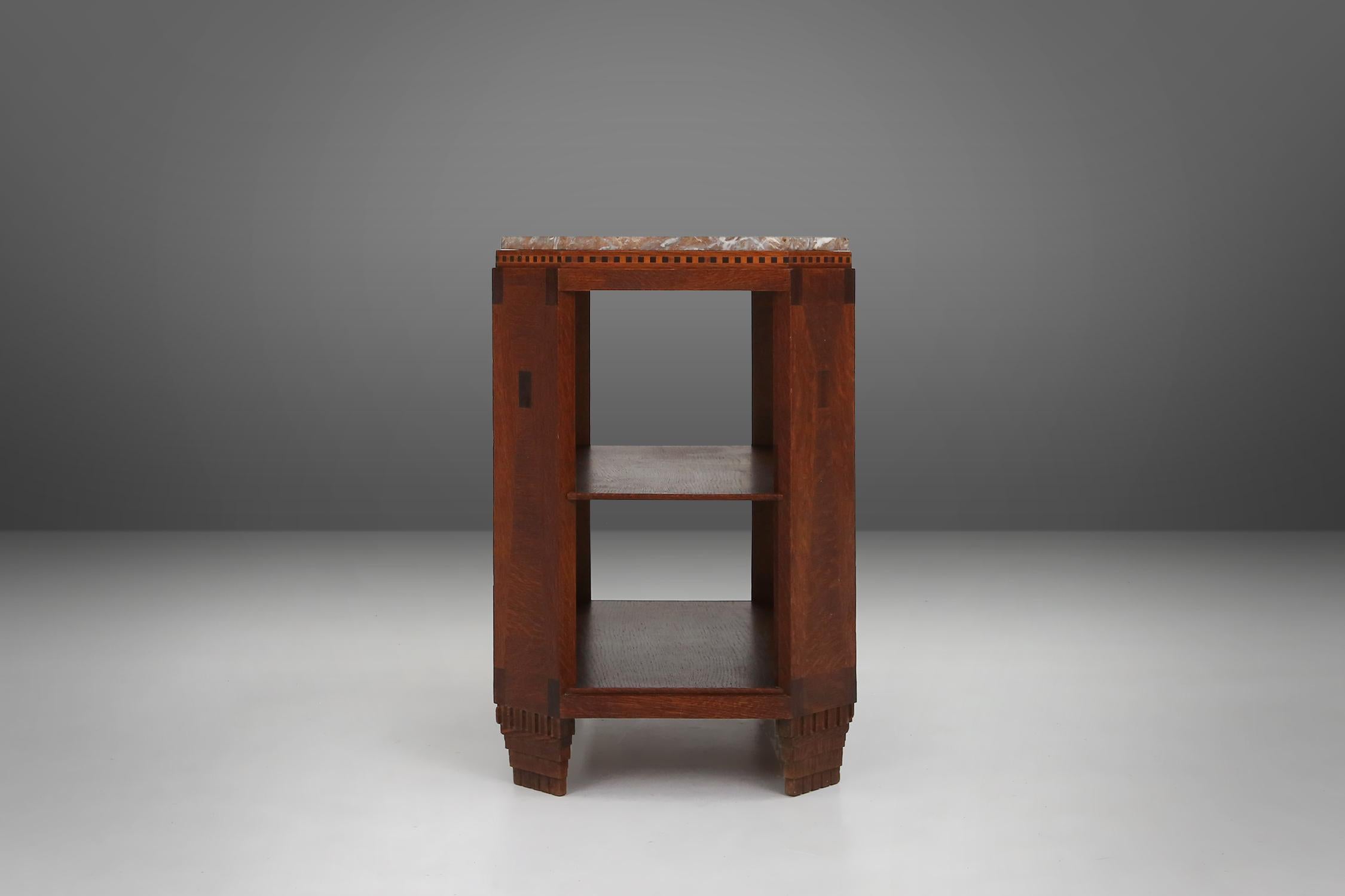 Inlay French Art Deco side table in wood with inlay and red marble top, ca. 1940 For Sale