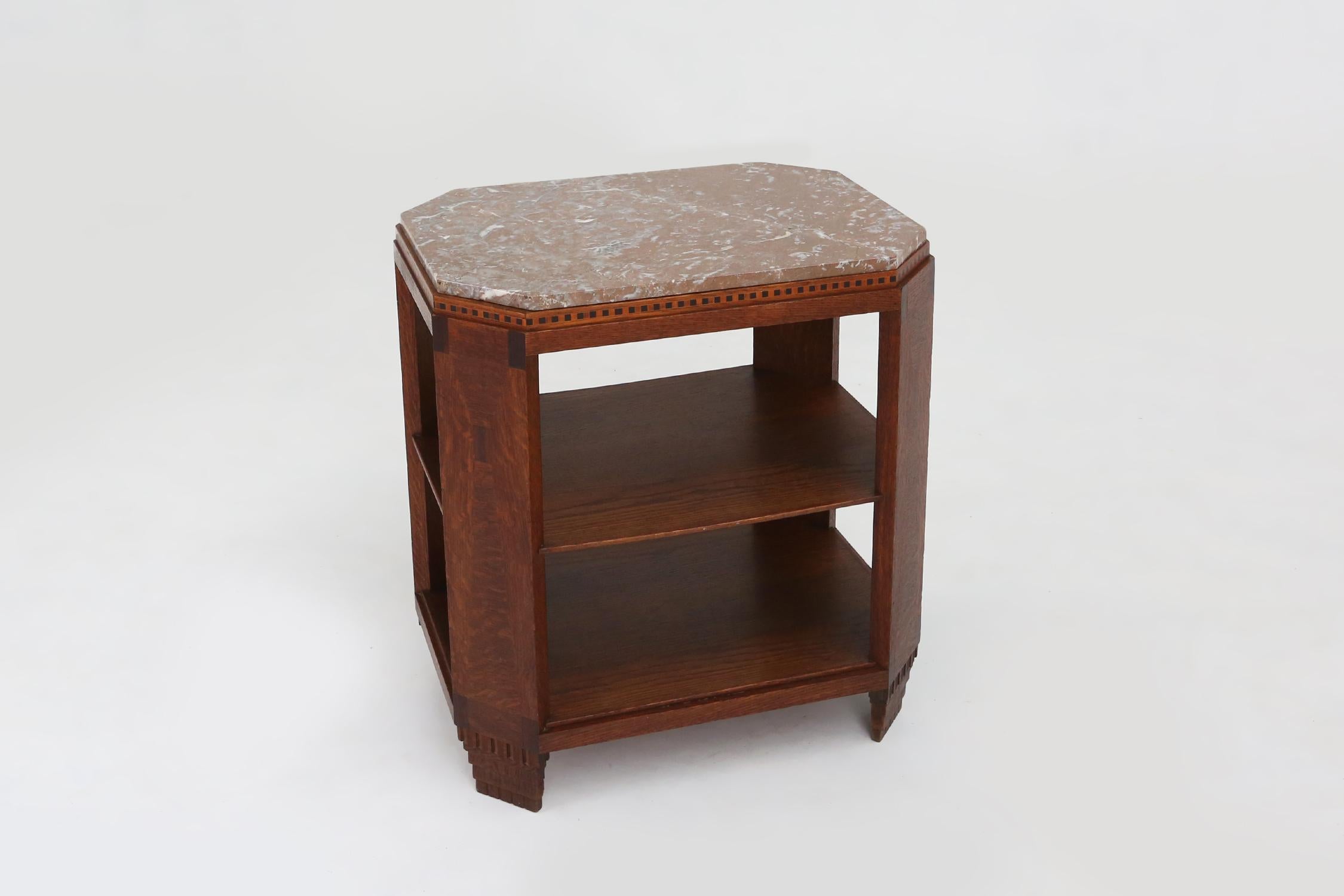 French Art Deco side table in wood with inlay and red marble top, ca. 1940 In Good Condition For Sale In Meulebeke, BE