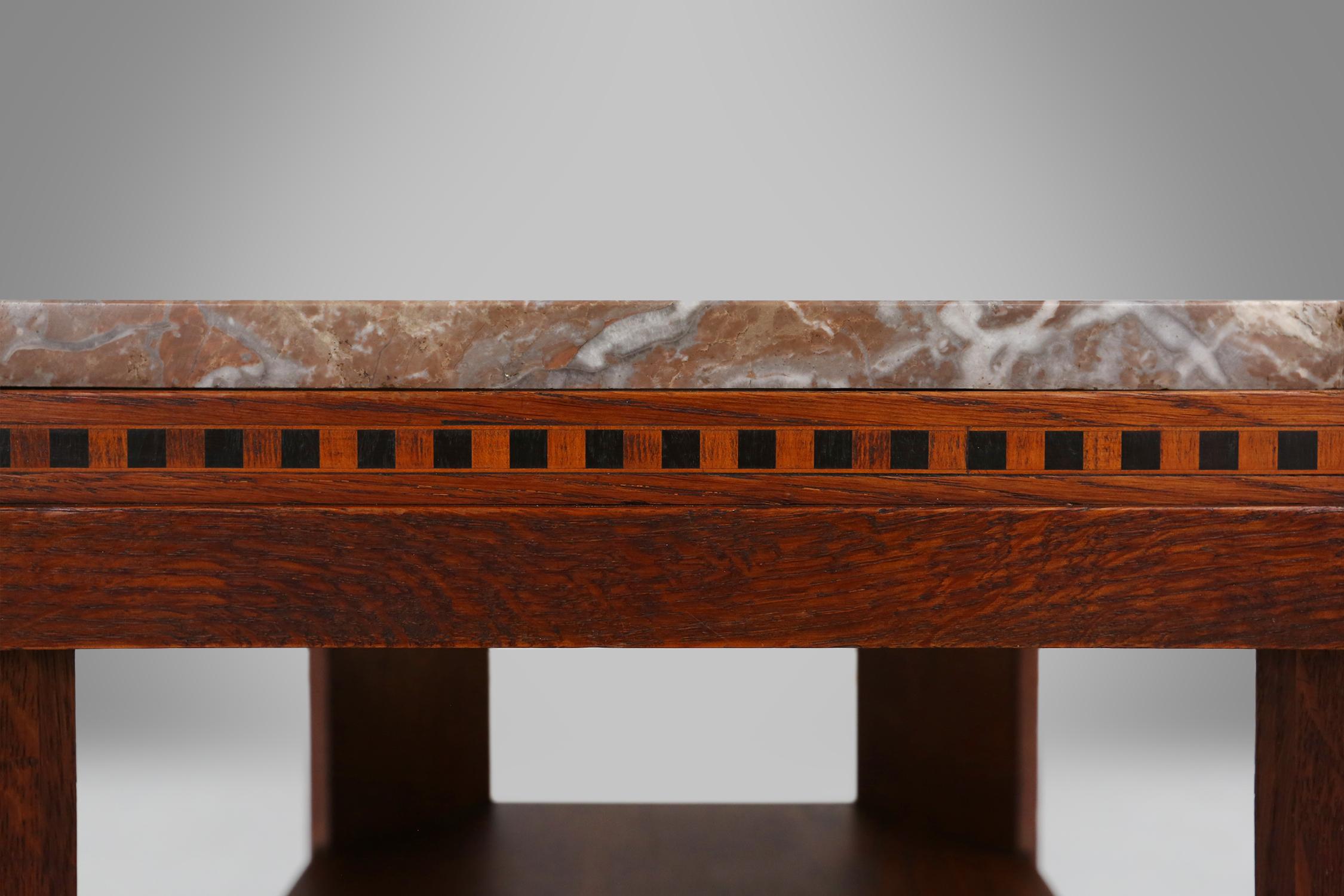 Mid-20th Century French Art Deco side table in wood with inlay and red marble top, ca. 1940 For Sale