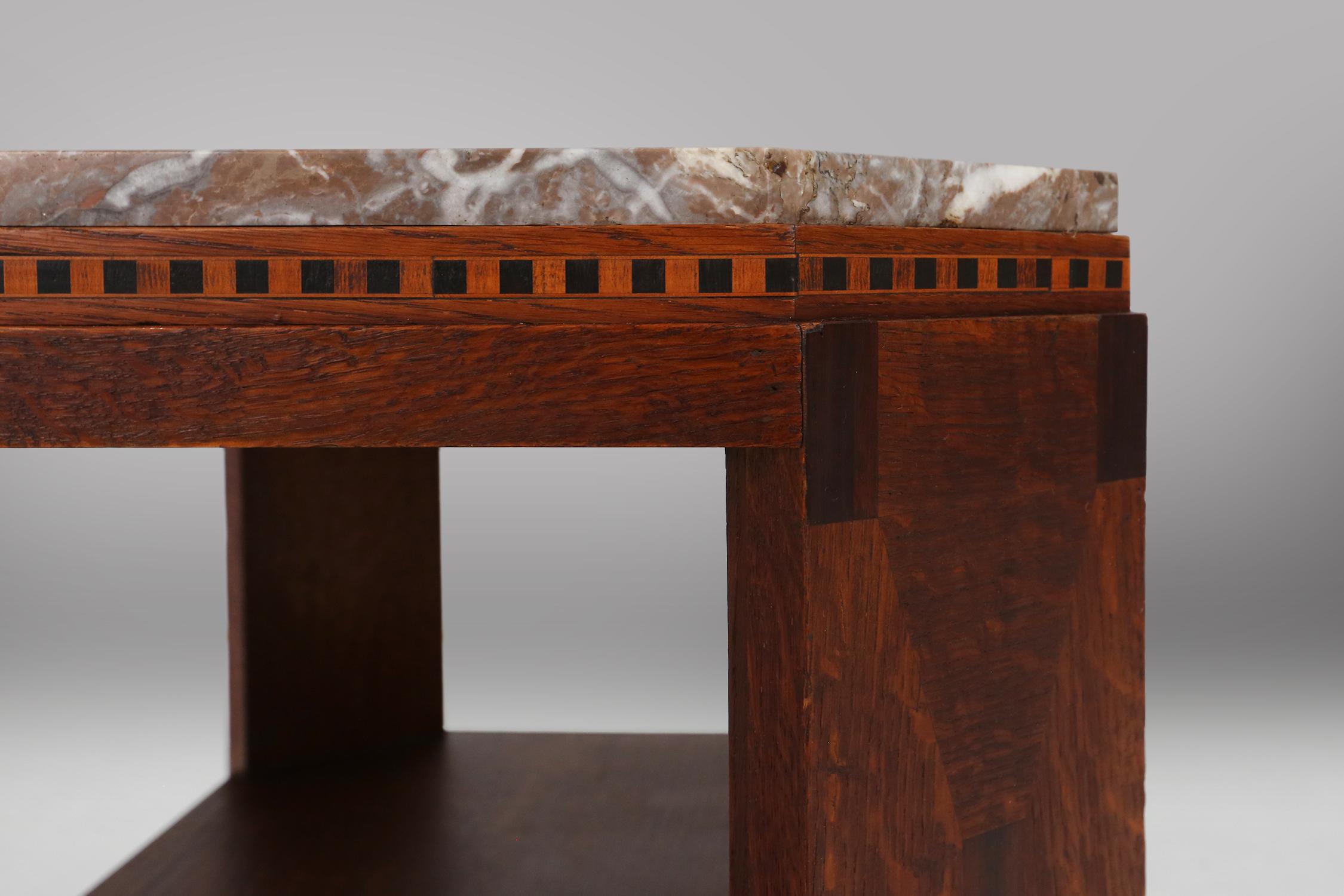 Marble French Art Deco side table in wood with inlay and red marble top, ca. 1940 For Sale