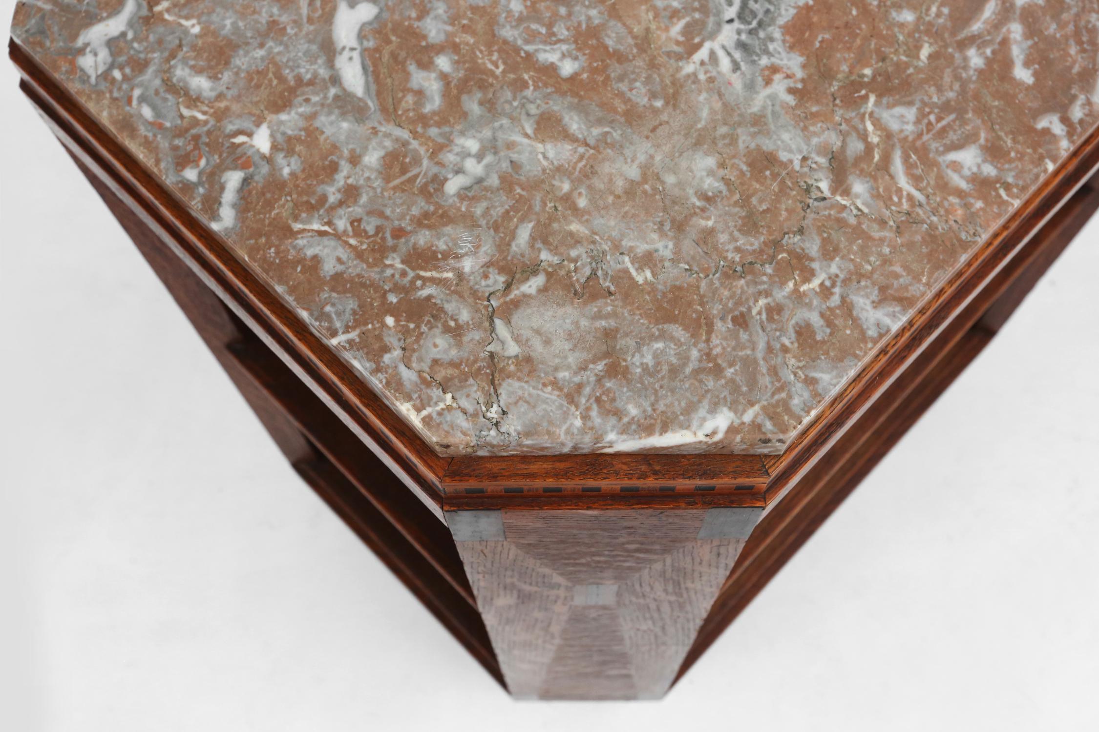 French Art Deco side table in wood with inlay and red marble top, ca. 1940 For Sale 2