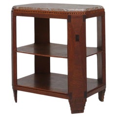 Used French Art Deco side table in wood with inlay and red marble top, ca. 1940