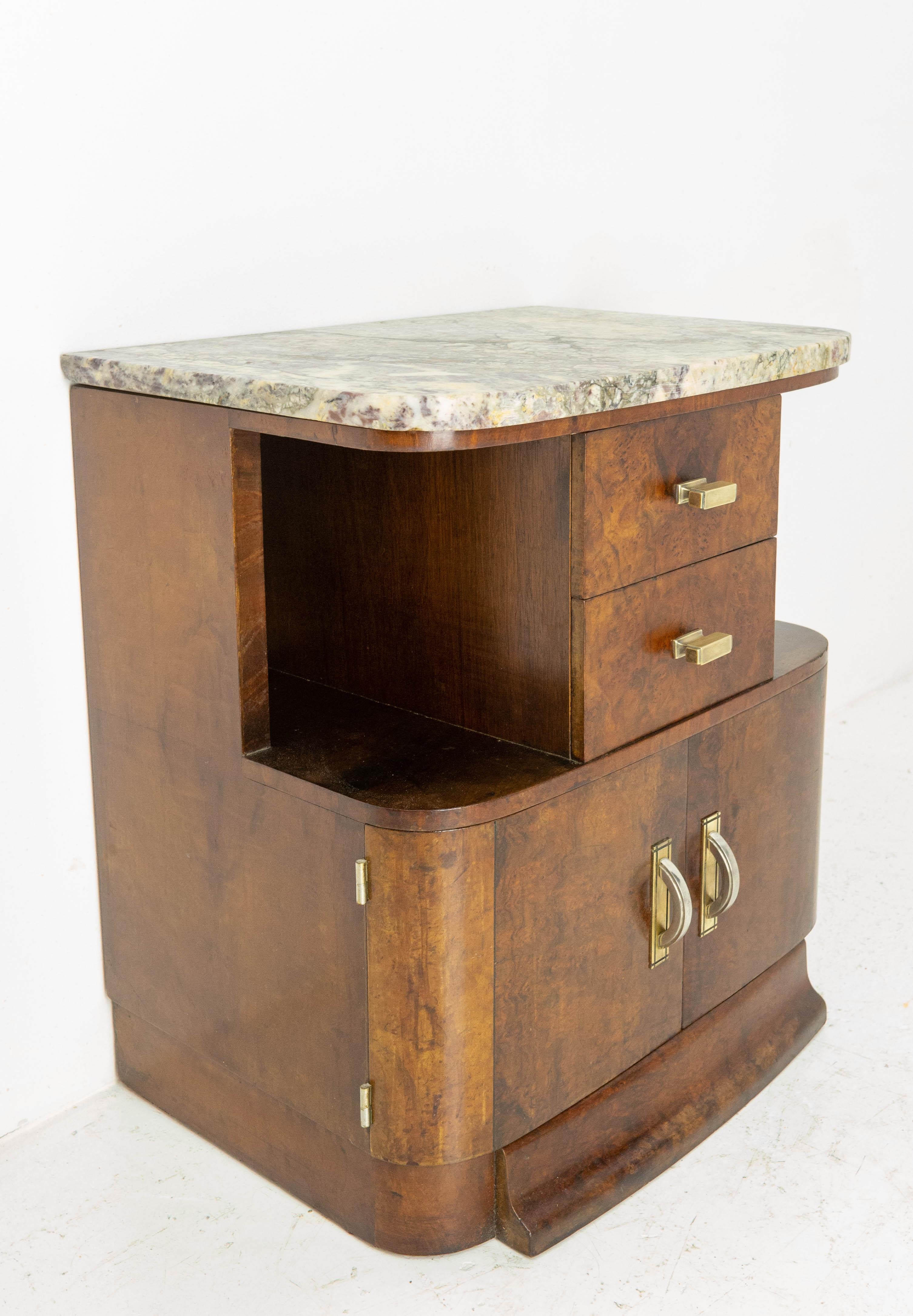 French Art Deco Side Table or Nightstand Table Burled Walnut Top Marble, c. 1930 In Good Condition In Labrit, Landes