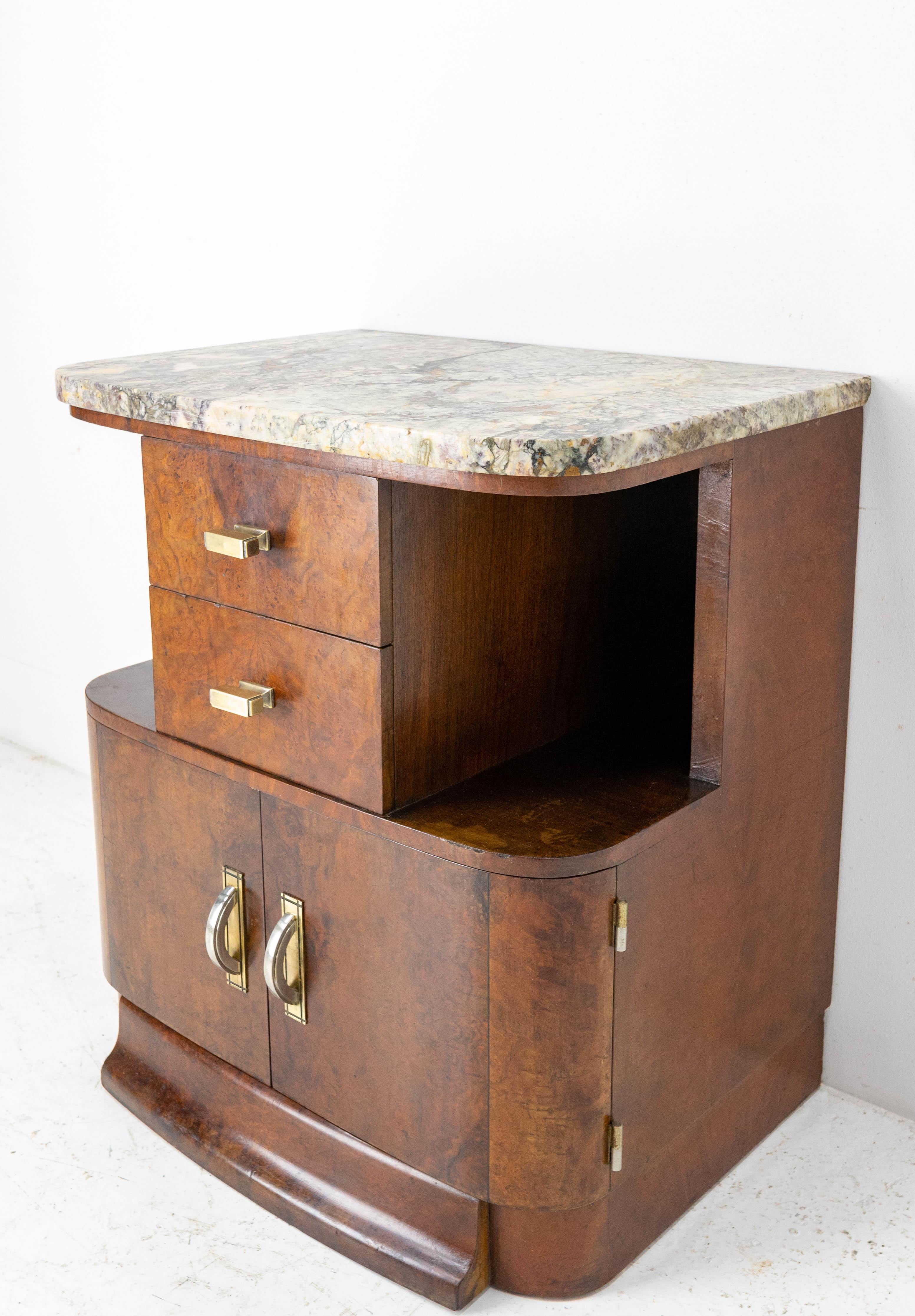 Mid-20th Century French Art Deco Side Table or Nightstand Table Burled Walnut Top Marble, c. 1930