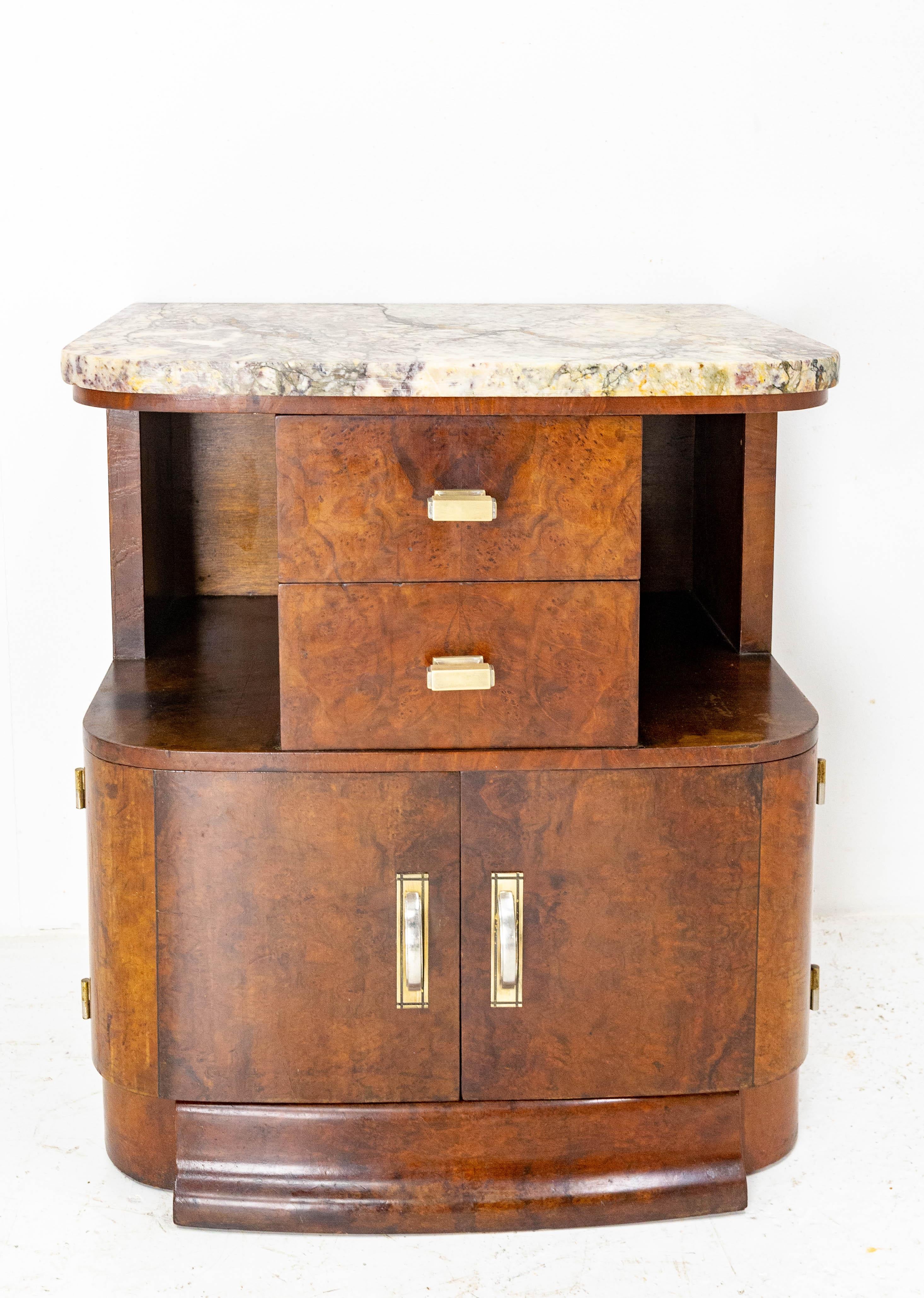 French Art Deco Side Table or Nightstand Table Burled Walnut Top Marble, c. 1930 1