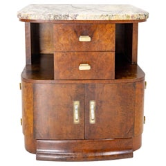 French Art Deco Side Table or Nightstand Table Burled Walnut Top Marble, c. 1930