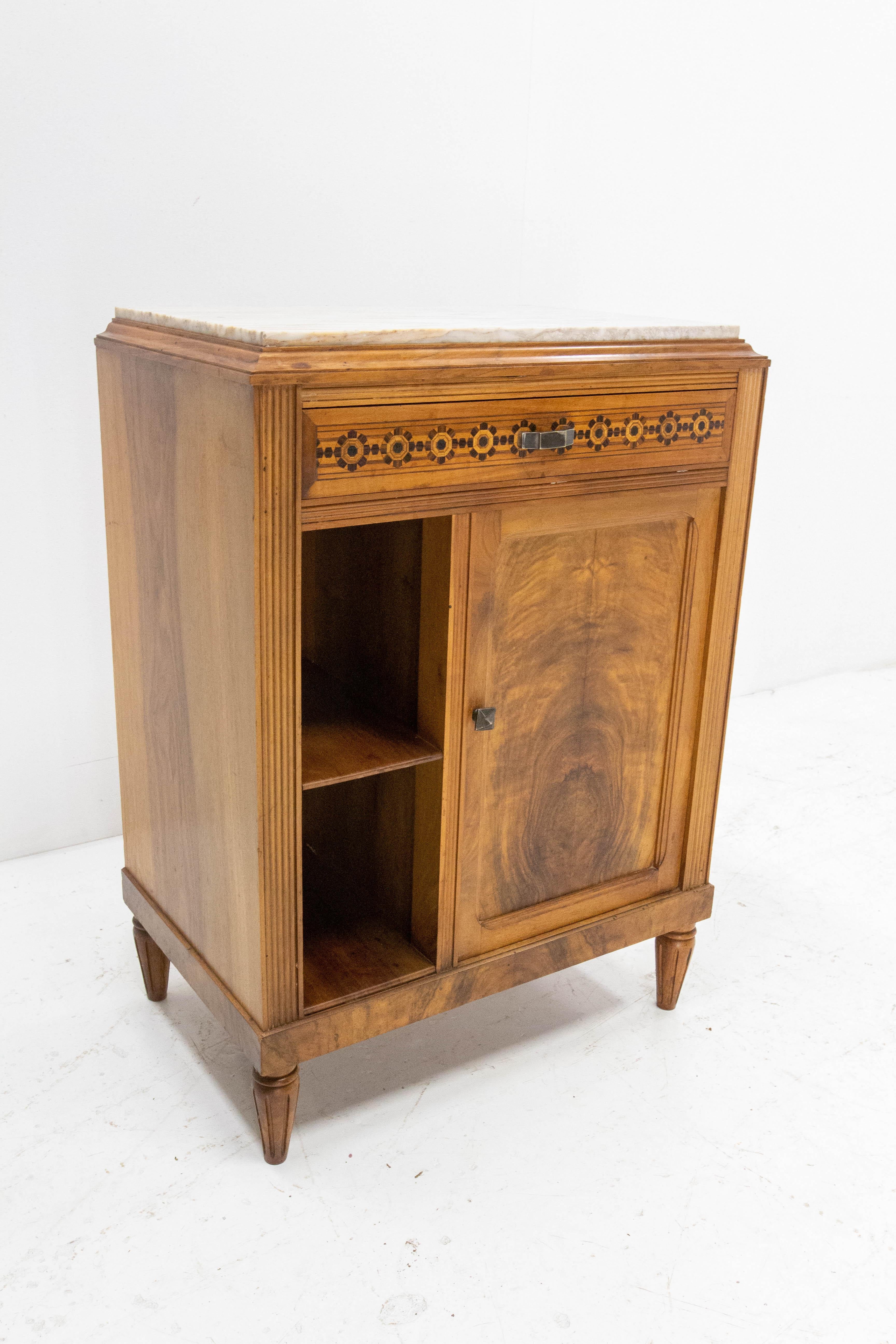 French Art Deco Side Table or Nightstand Table Walnut and Top Marble, circa 1930 In Good Condition In Labrit, Landes