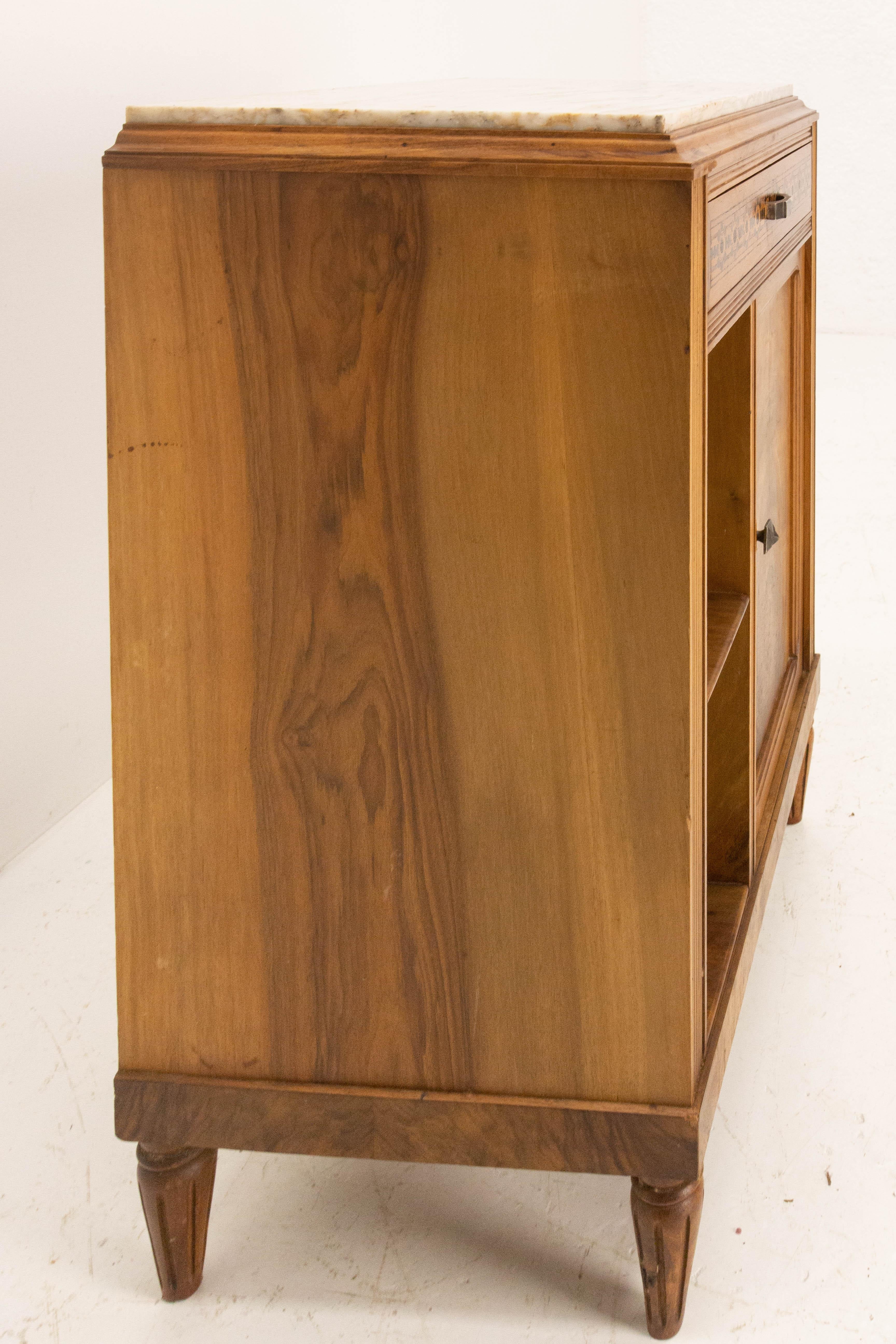 French Art Deco Side Table or Nightstand Table Walnut and Top Marble, circa 1930 1