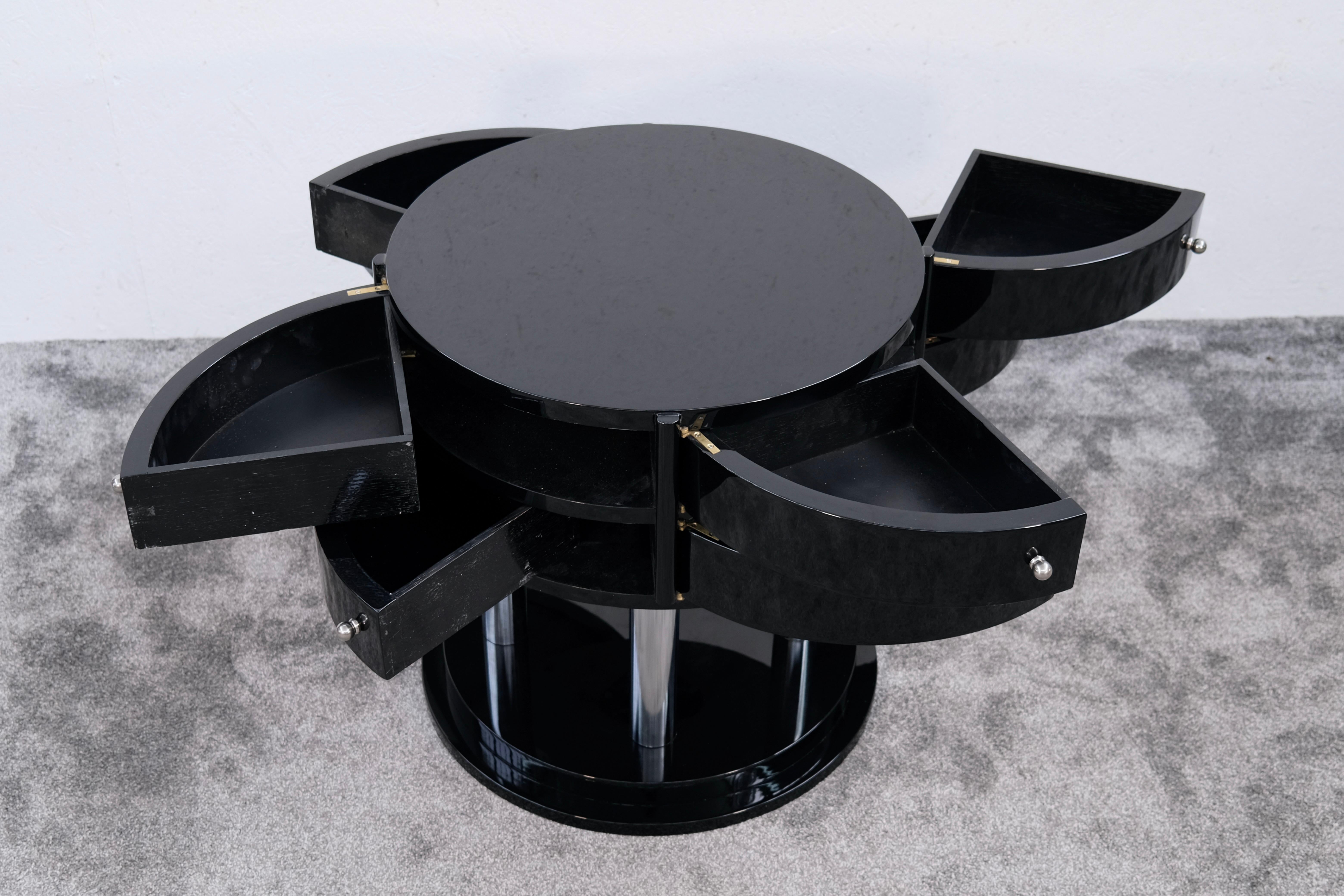 Noirci Table d'appoint Art déco française avec 8 tiroirs pivotants en laque noire, vers 1930 en vente