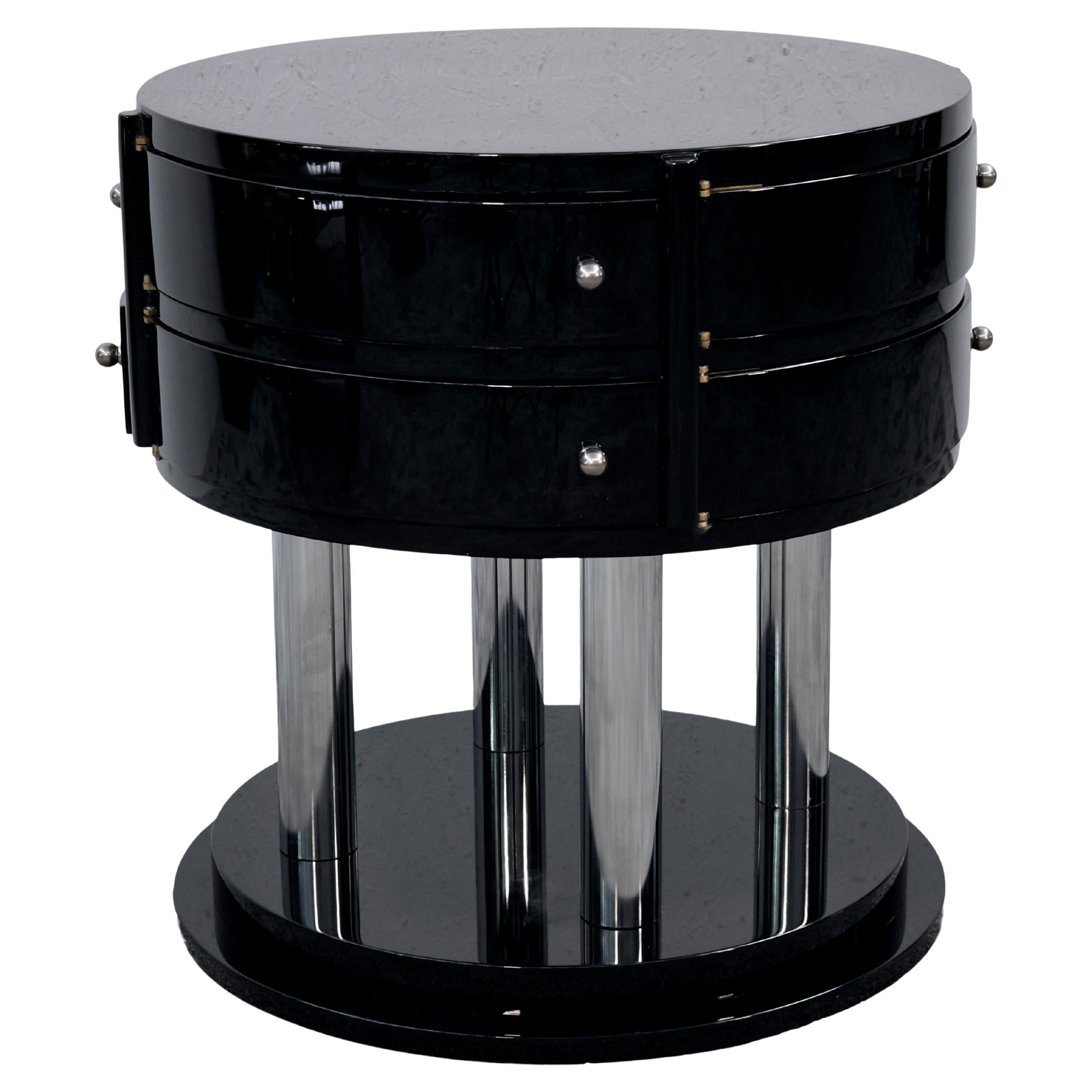 French Art Deco Side Table with 8 Pivoting Drawers in Black Lacquer, circa 1930