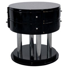 French Art Deco Side Table with 8 Pivoting Drawers in Black Lacquer, circa 1930