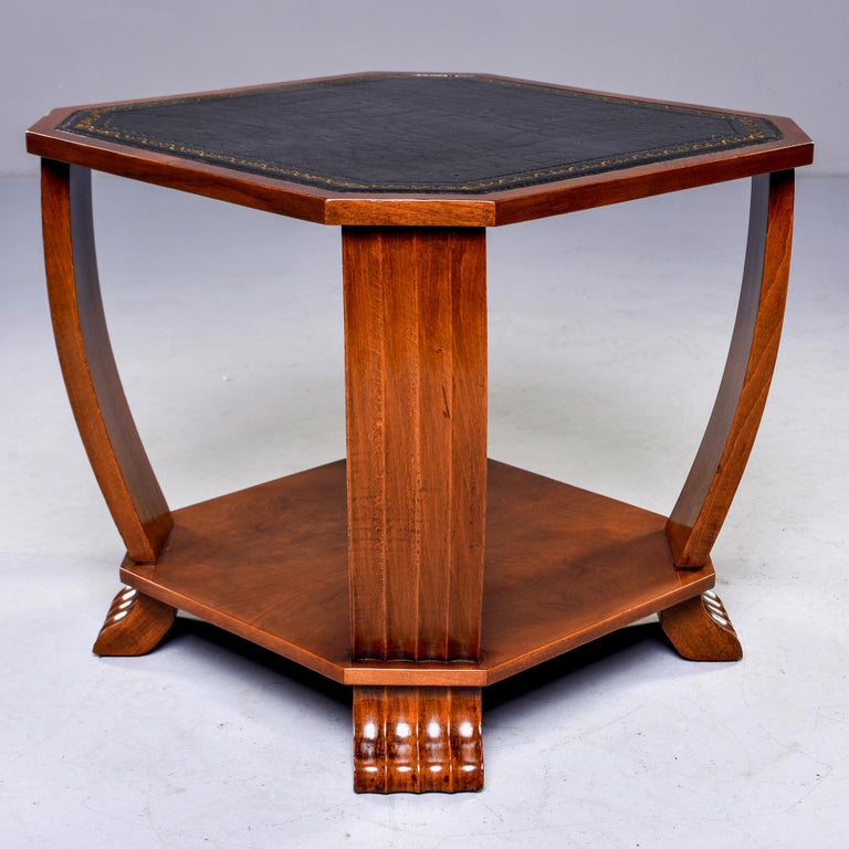 Walnut French Art Deco Side Table with Black Leather Top For Sale