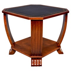 French Art Deco Side Table with Black Leather Top