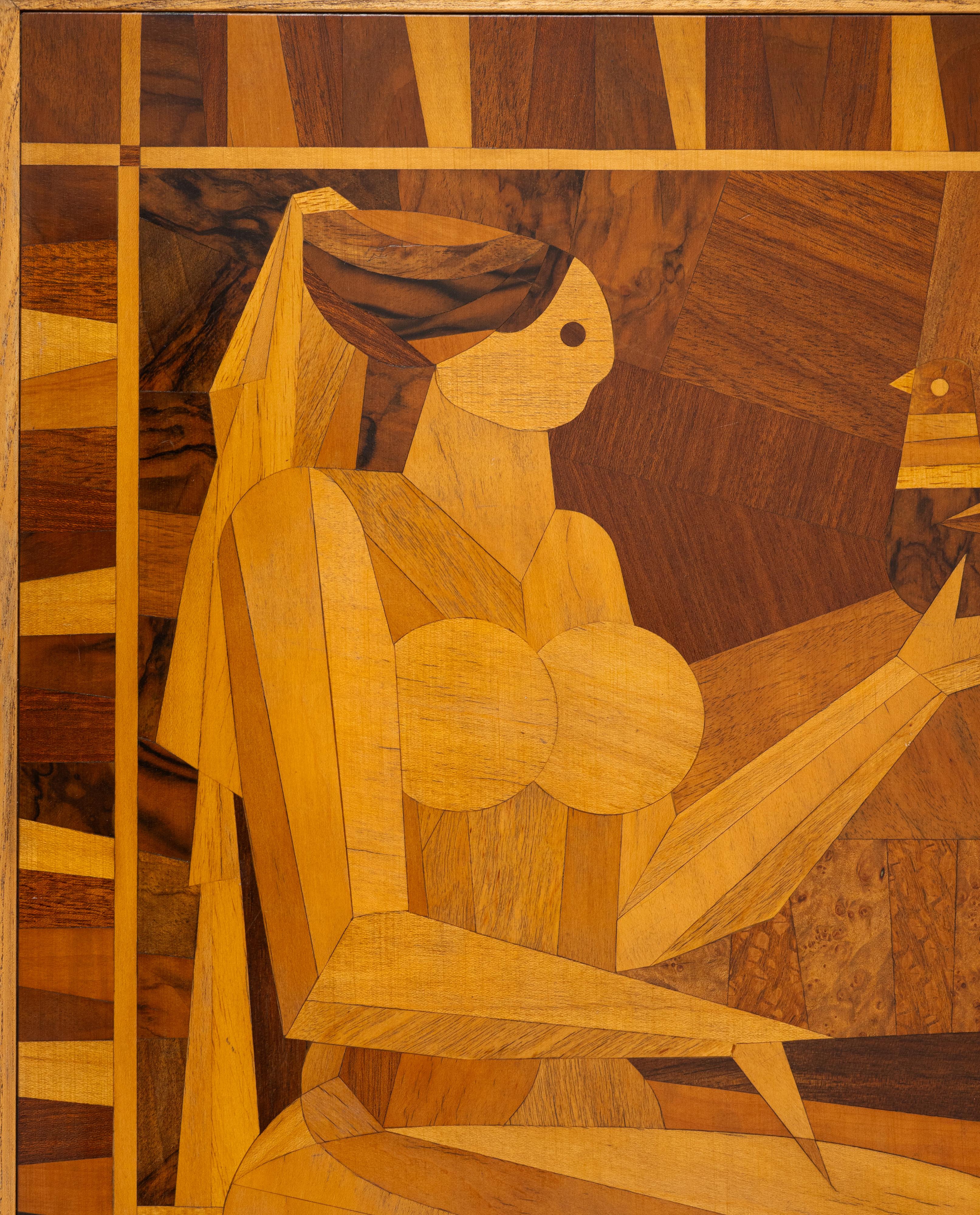 Bois Table d'appoint Art déco française avec marqueterie cubiste de deux femmes, années 1930-1940 en vente